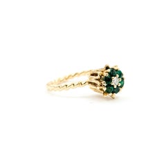Mid-Century Flower Emerald & Diamond Ring in 14k Yellow Gold