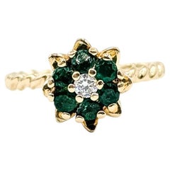 Mid-Century Flower Emerald & Diamond Ring in 14k Yellow Gold