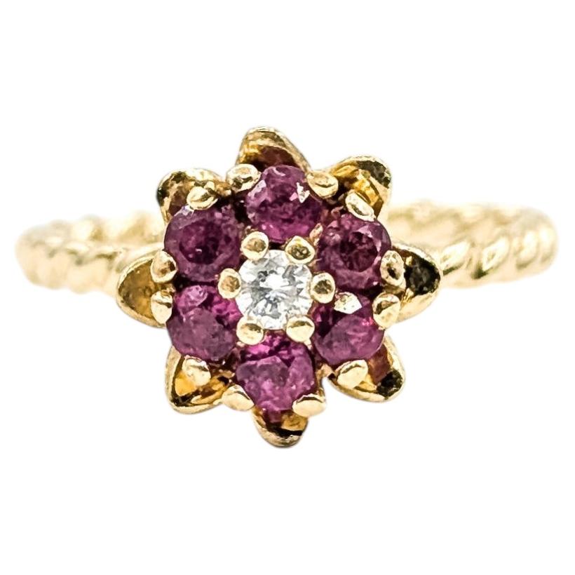 Mid-century Flower Ruby & Diamond Ring in 14k yellow gold