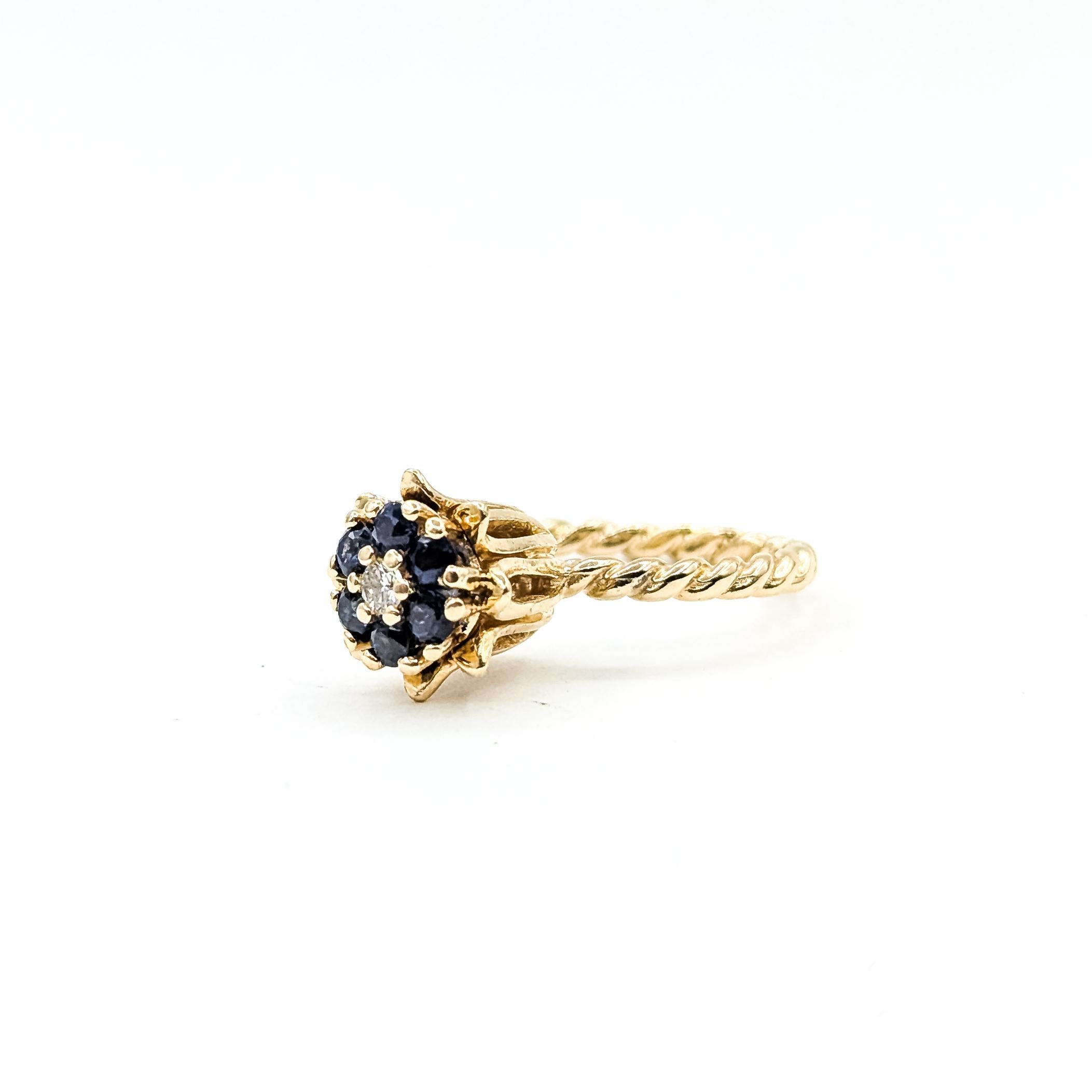 Mid-Century Blume Saphir & Diamant Ring in 14k (Retro) im Angebot