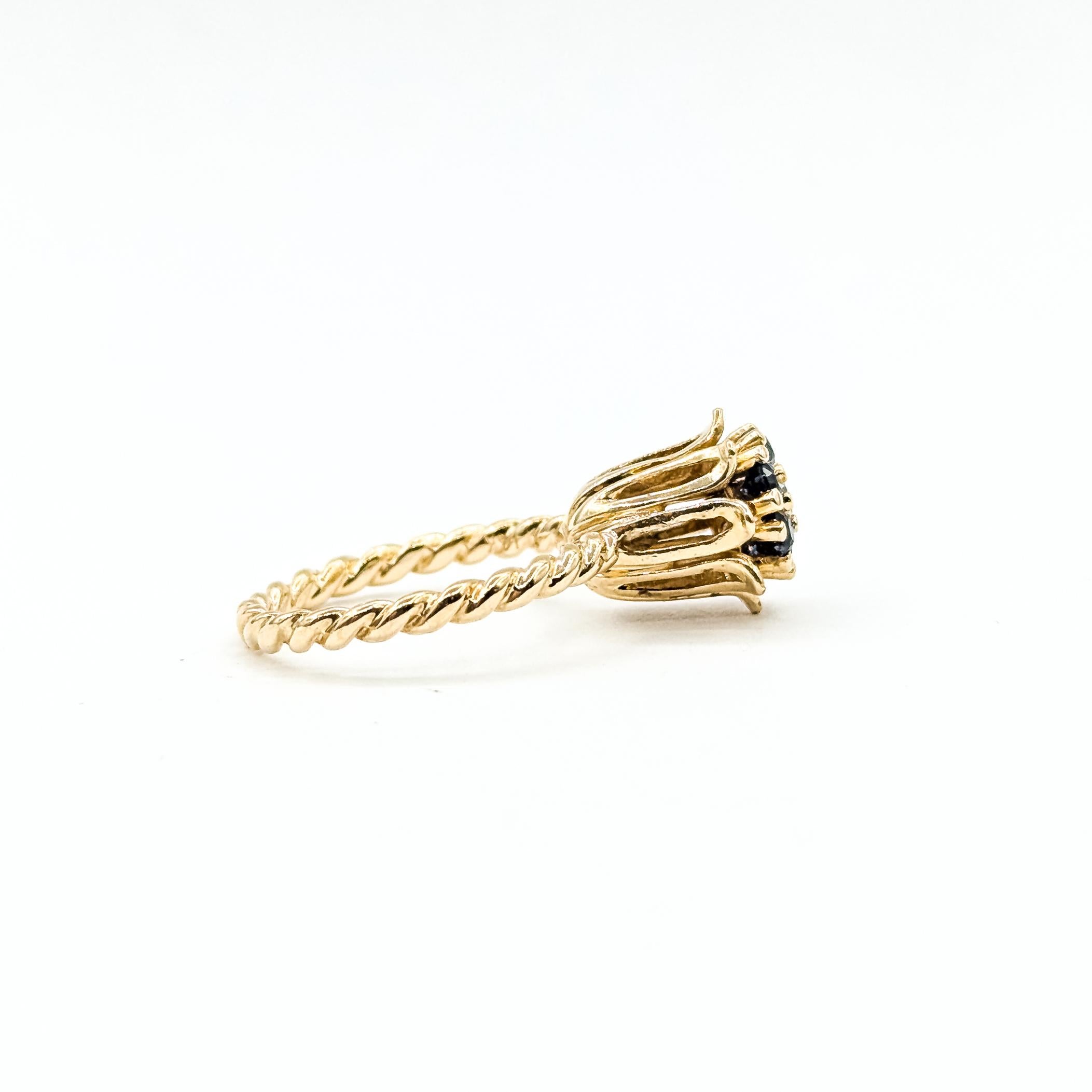 Mid-Century Blume Saphir & Diamant Ring in 14k im Angebot 1