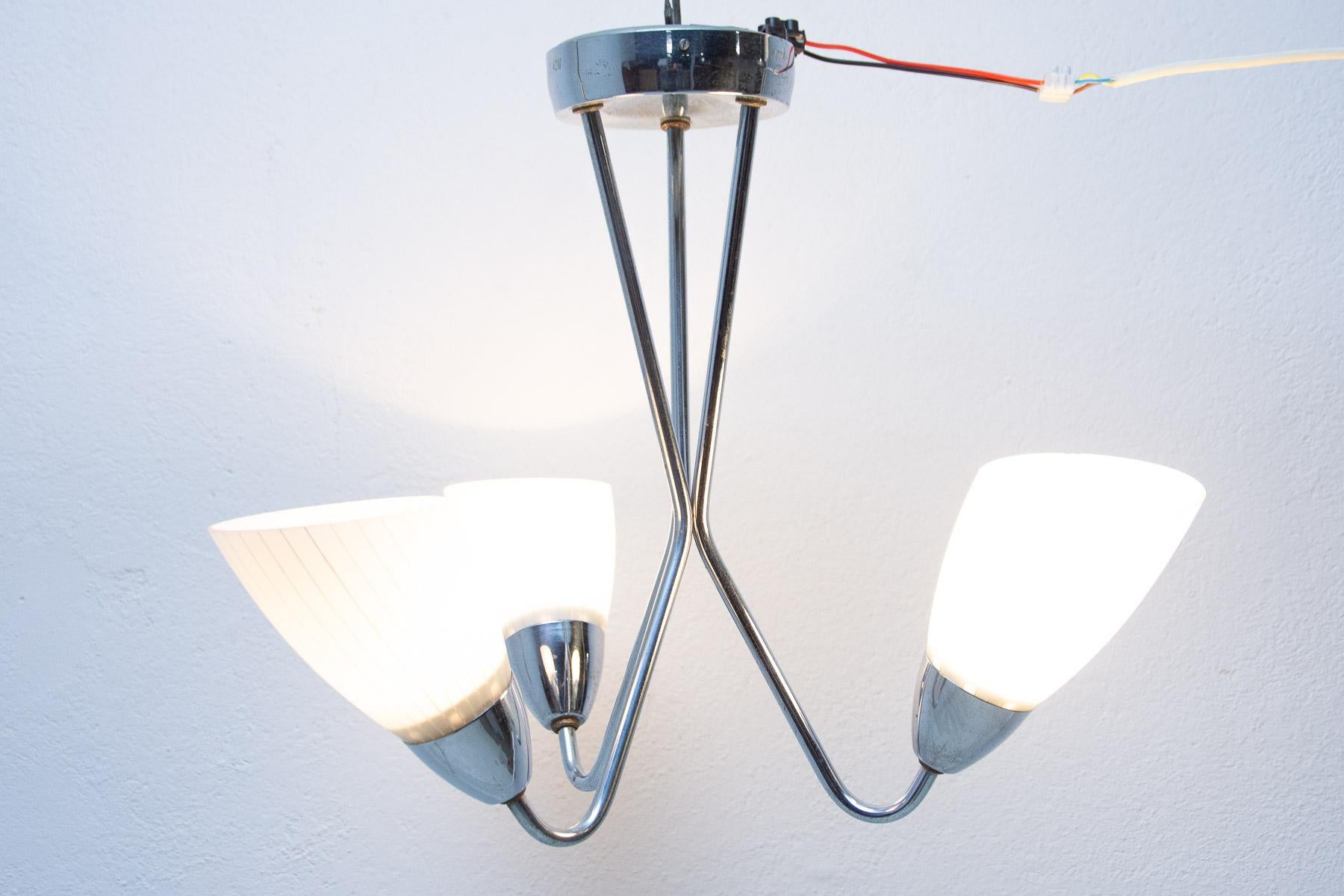 Czechoslovak milky glass and chrome pendant lamp in the shape of flower, made in the former Czechoslovakia in the 1960´s. It features 2 chrome arms with lampshades made of milky glass. In very good condition, new wiring.

Measures: Total height:
