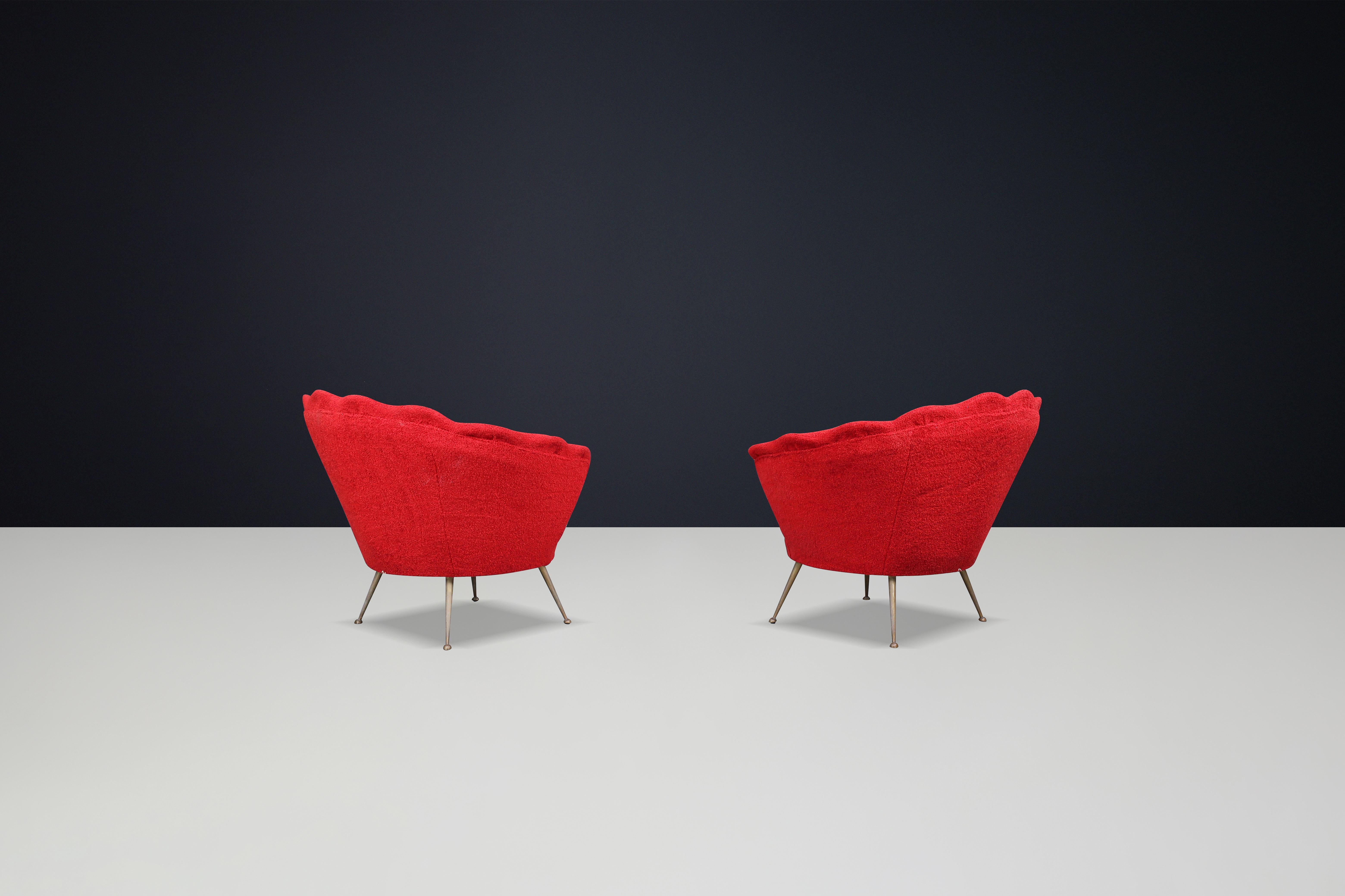 Mid-Century Flower-Shaped Lounge Chairs, Fabric Upholstery, Brass, Italy, 1950s For Sale 5