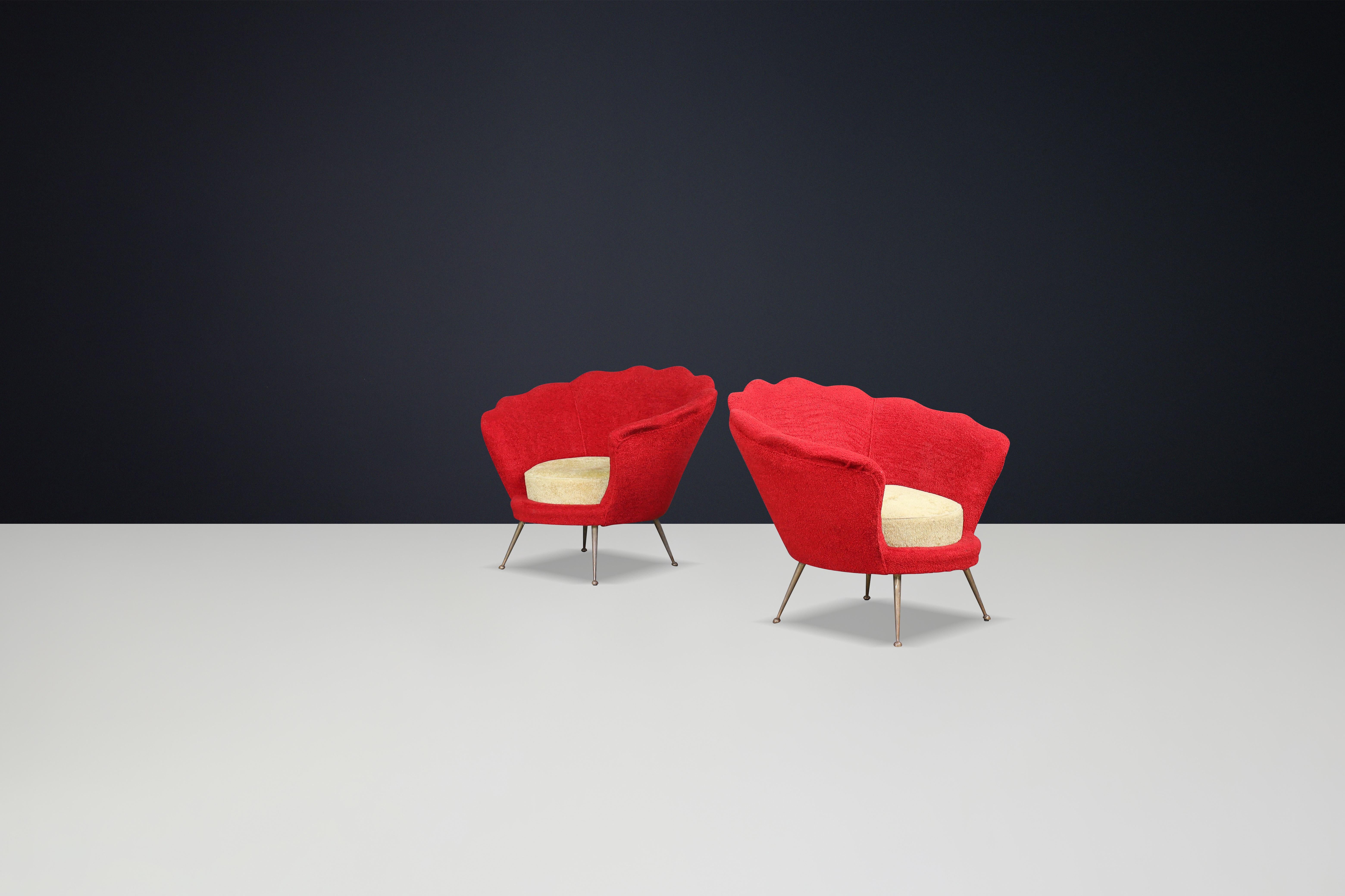 Mid-Century Flower-Shaped Lounge Chairs, Fabric Upholstery, Brass, Italy, 1950s

These pair of two mid-century flower-shaped lounge chairs are iconic examples of Italian design from the 1950s. Their organic, sculptural form features a bold design
