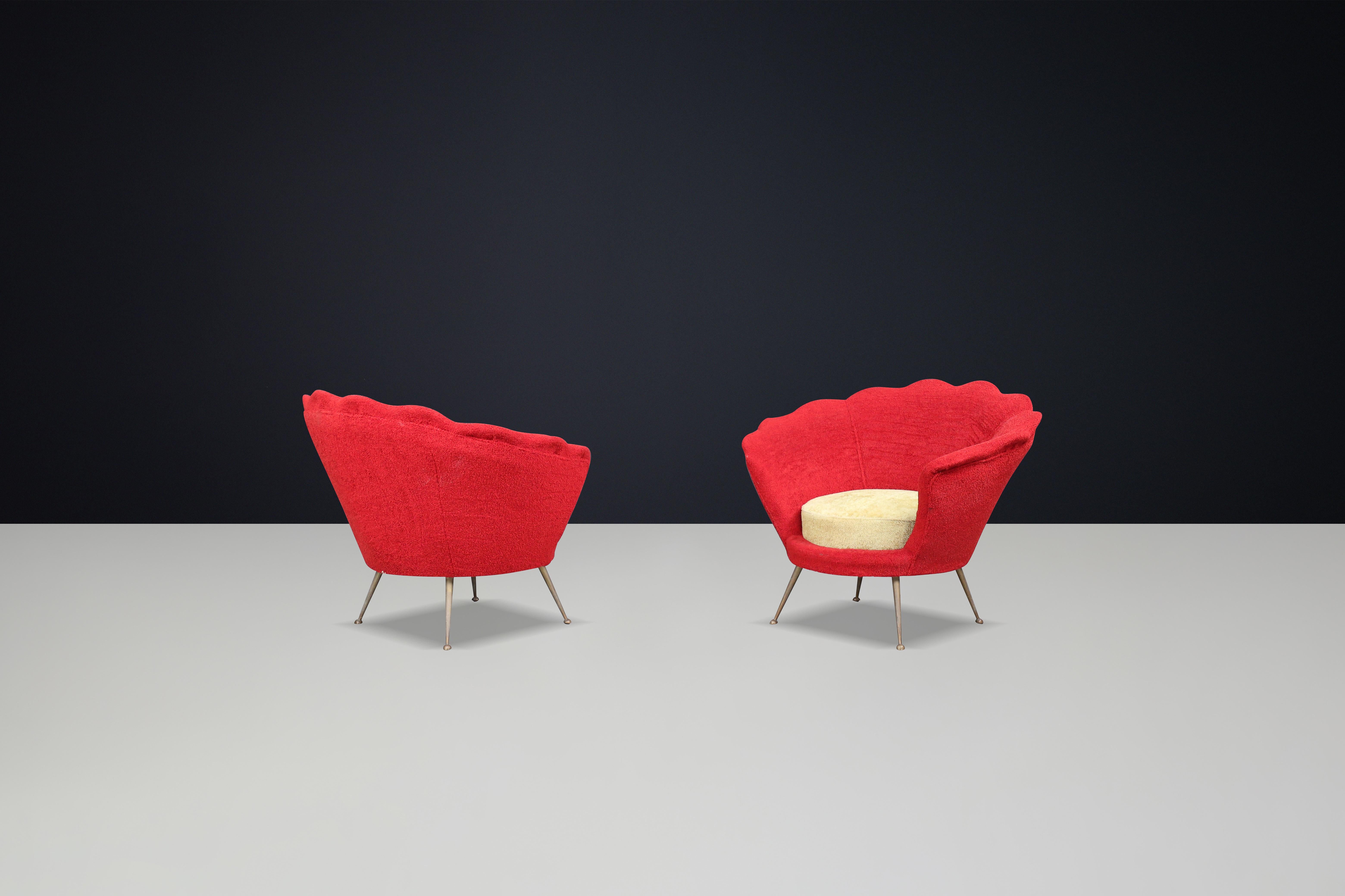 Mid-Century Flower-Shaped Lounge Chairs, Fabric Upholstery, Brass, Italy, 1950s In Good Condition For Sale In Almelo, NL