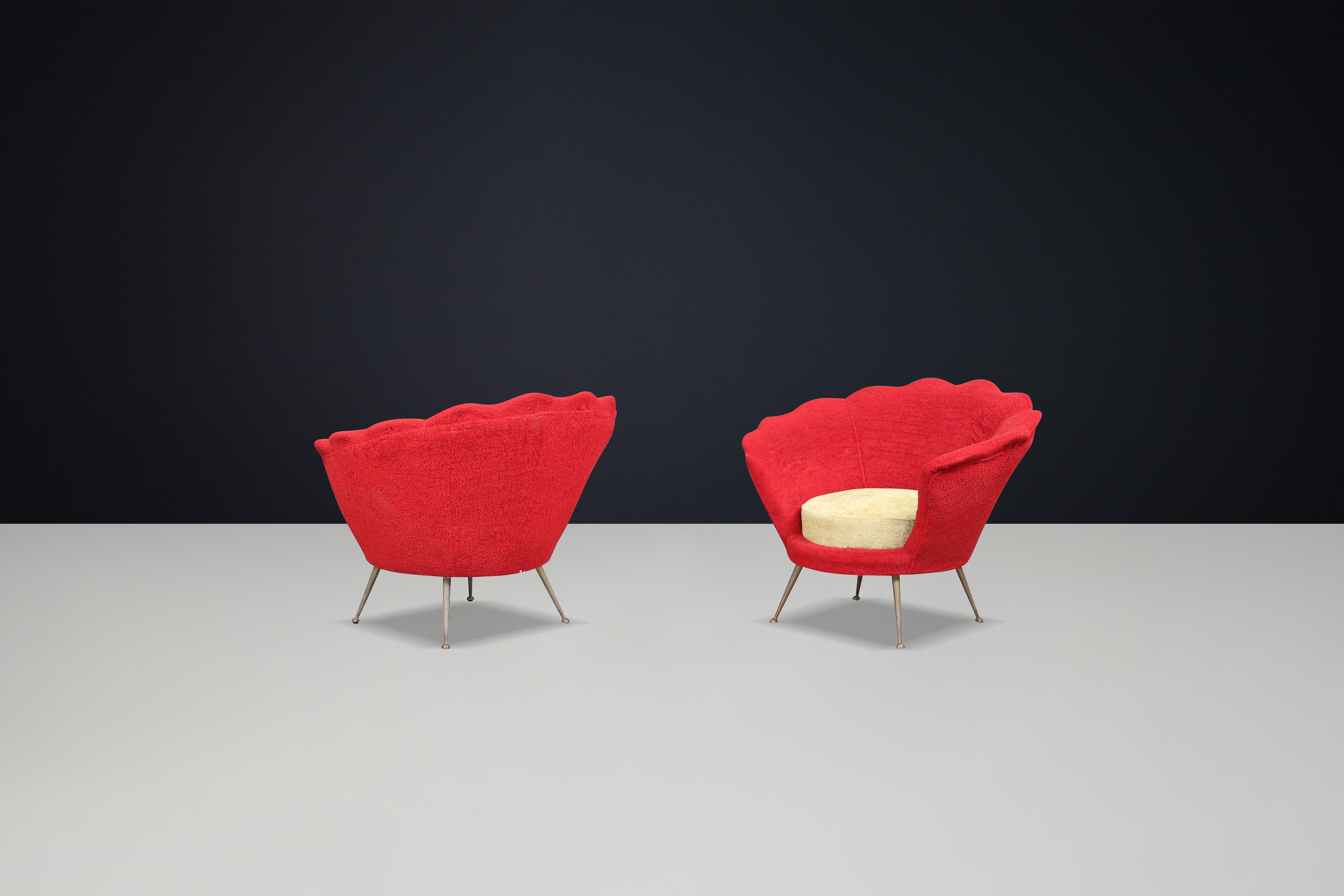 Mid-Century Flower-Shaped Lounge Chairs, Fabric Upholstery, Brass, Italy, 1950s For Sale 1