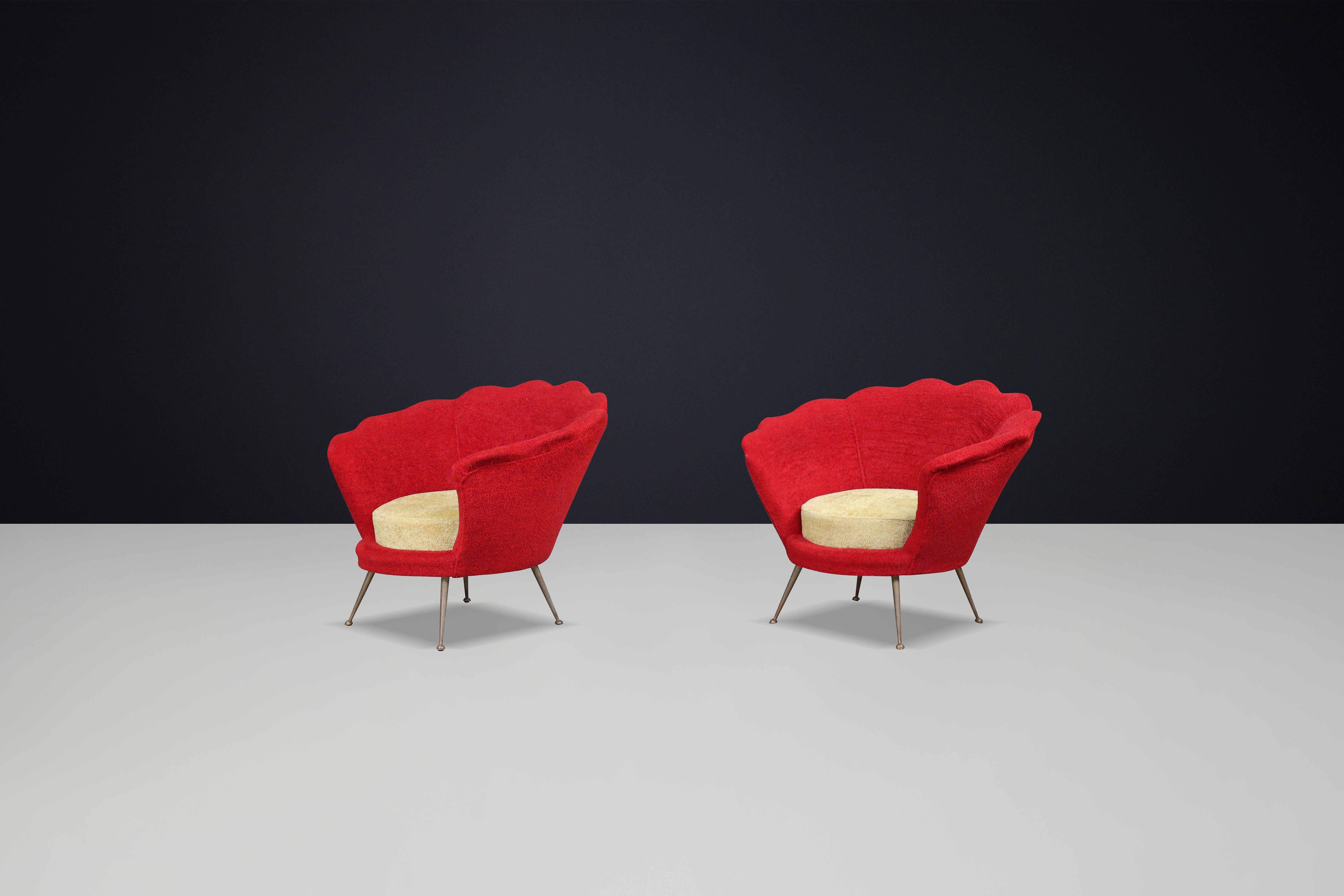 Mid-Century Flower-Shaped Lounge Chairs, Fabric Upholstery, Brass, Italy, 1950s For Sale 2