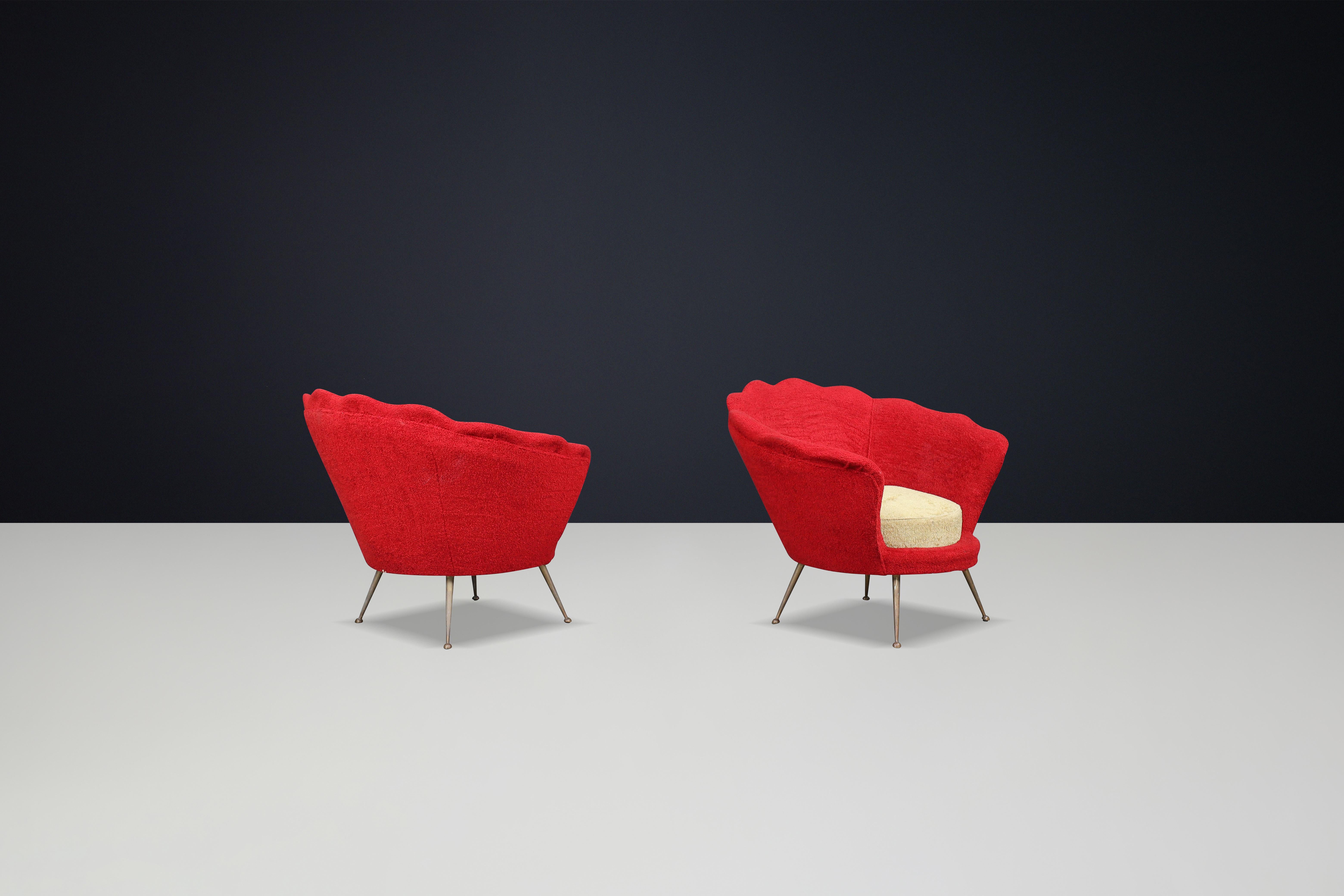 Mid-Century Flower-Shaped Lounge Chairs, Fabric Upholstery, Brass, Italy, 1950s For Sale 3