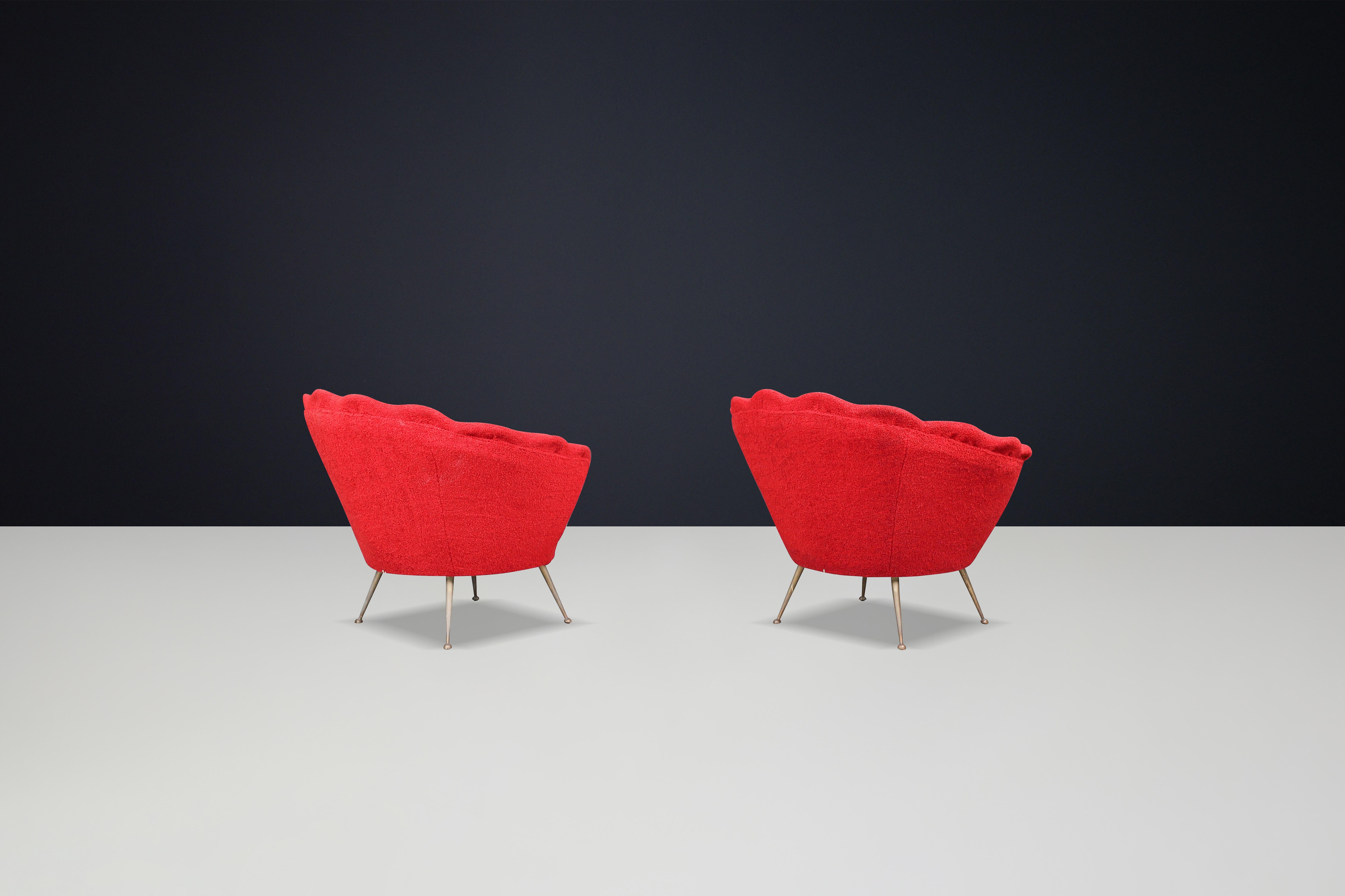 Mid-Century Flower-Shaped Lounge Chairs, Fabric Upholstery, Brass, Italy, 1950s For Sale 4