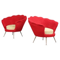 Vintage Mid-Century Flower-Shaped Lounge Chairs, Fabric Upholstery, Brass, Italy, 1950s