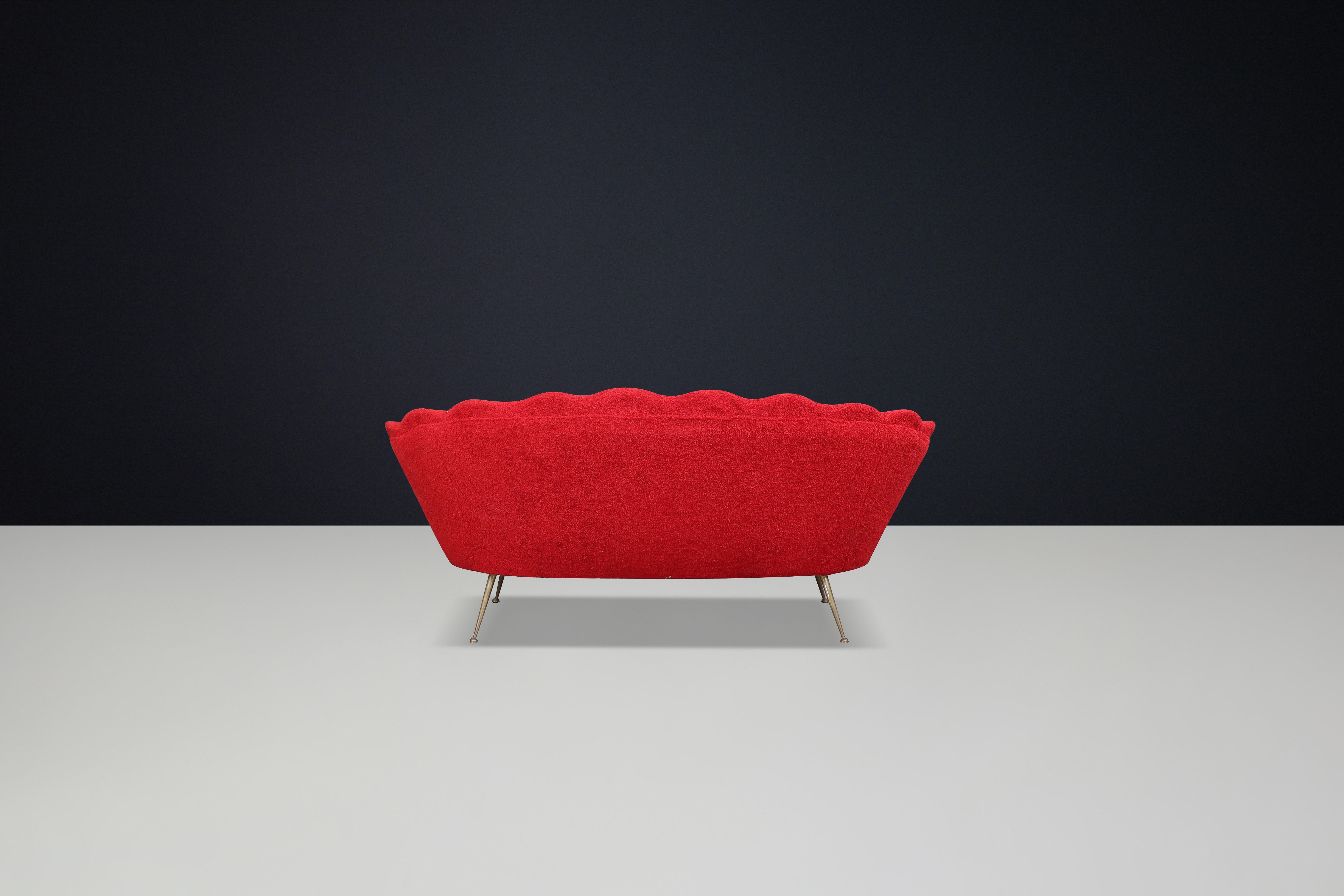 Italian Mid-Century Flower-Shaped Sofa, Fabric Upholstery, Brass, Italy, 1950s For Sale