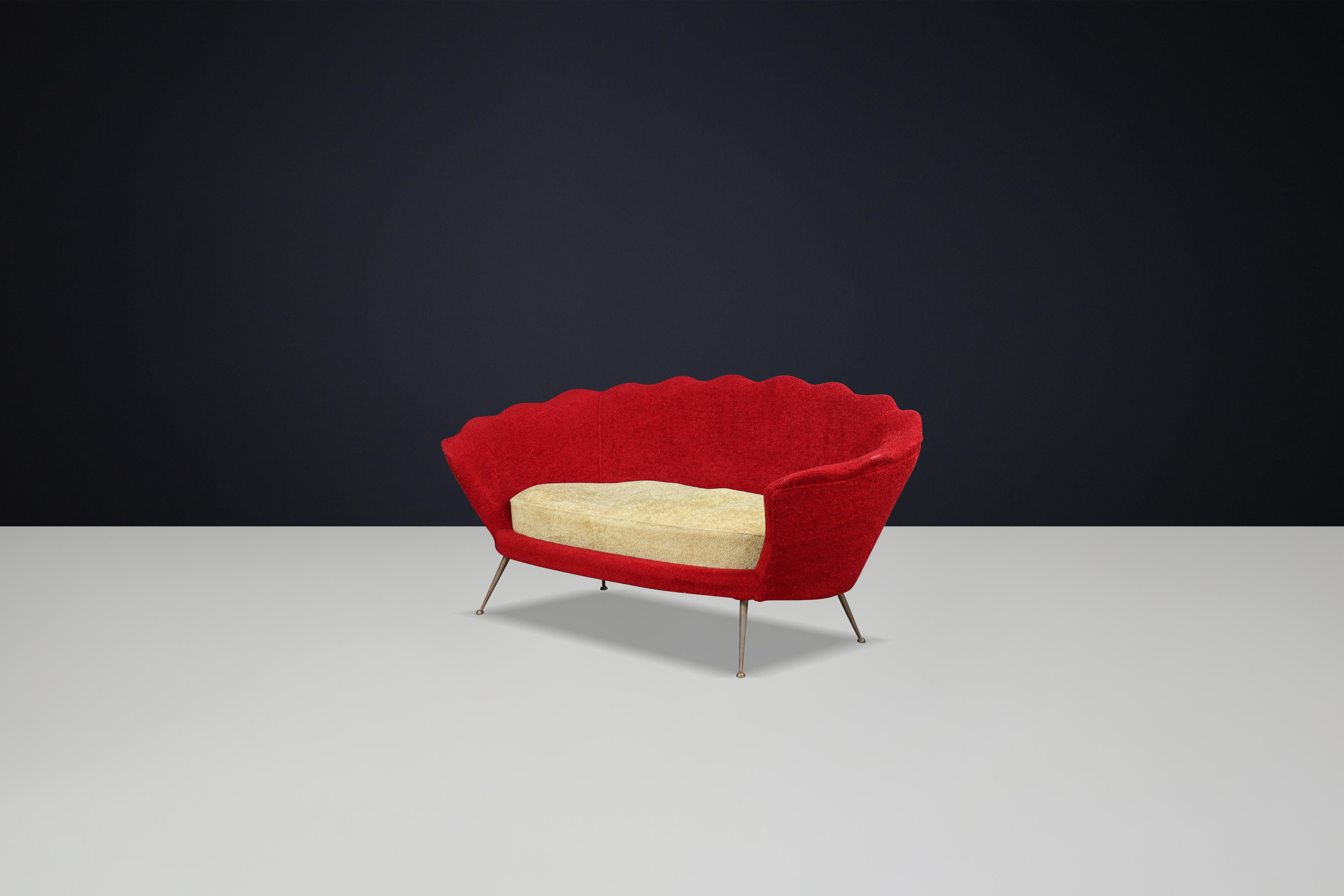Mid-20th Century Mid-Century Flower-Shaped Sofa, Fabric Upholstery, Brass, Italy, 1950s For Sale
