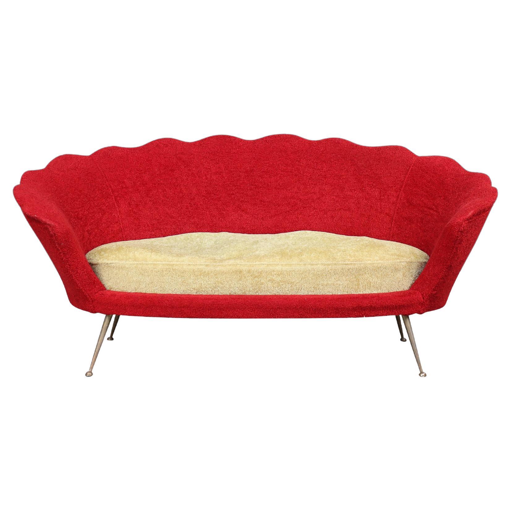 Mid-Century Flower-Shaped Sofa, Fabric Upholstery, Brass, Italy, 1950s For Sale