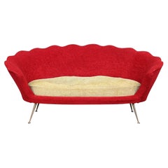 Mid-Century Flower-Shaped Sofa, Fabric Upholstery, Brass, Italy, 1950s