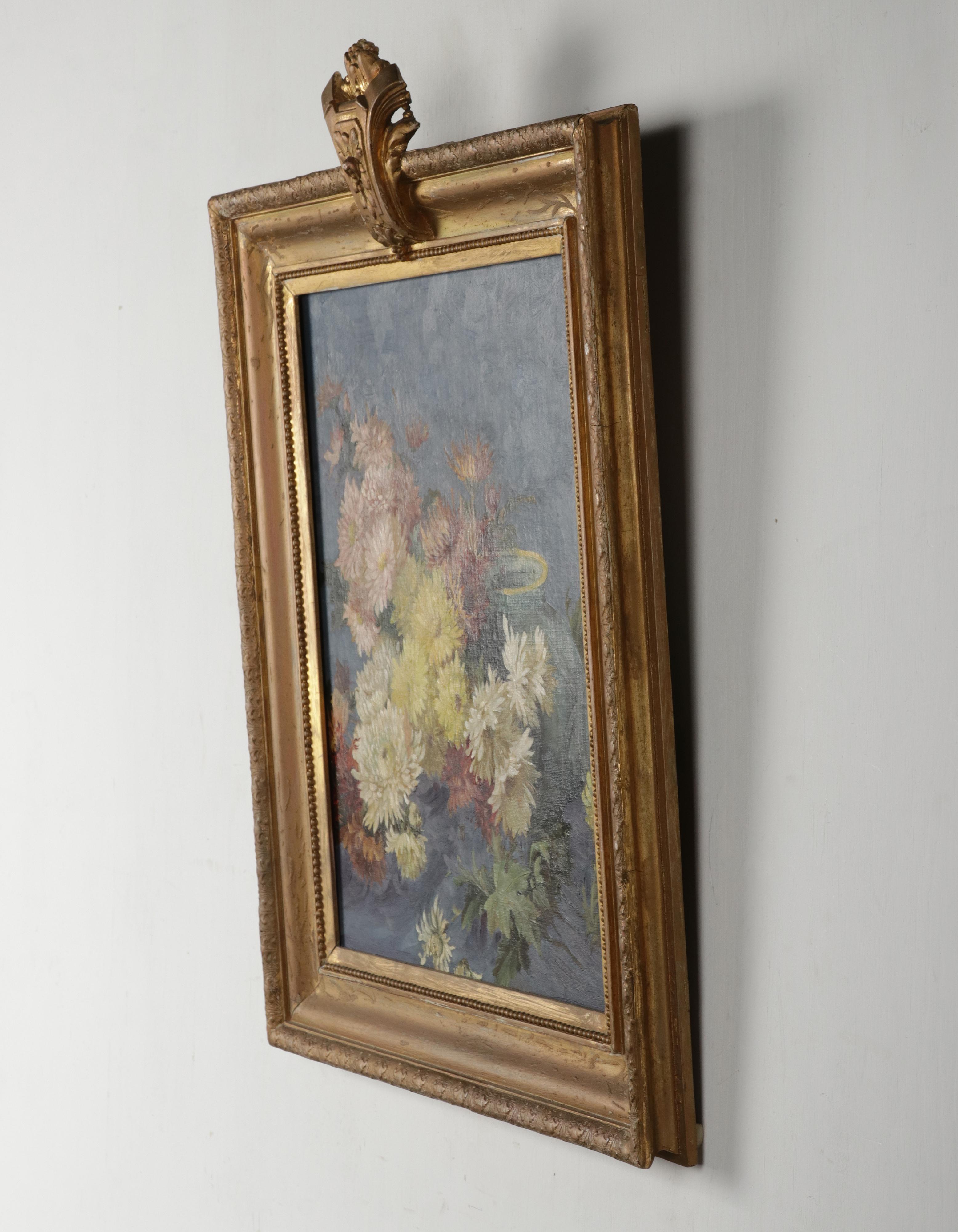 Mid Century Flower Still Life Oil Painting with Antique Frame For Sale 4