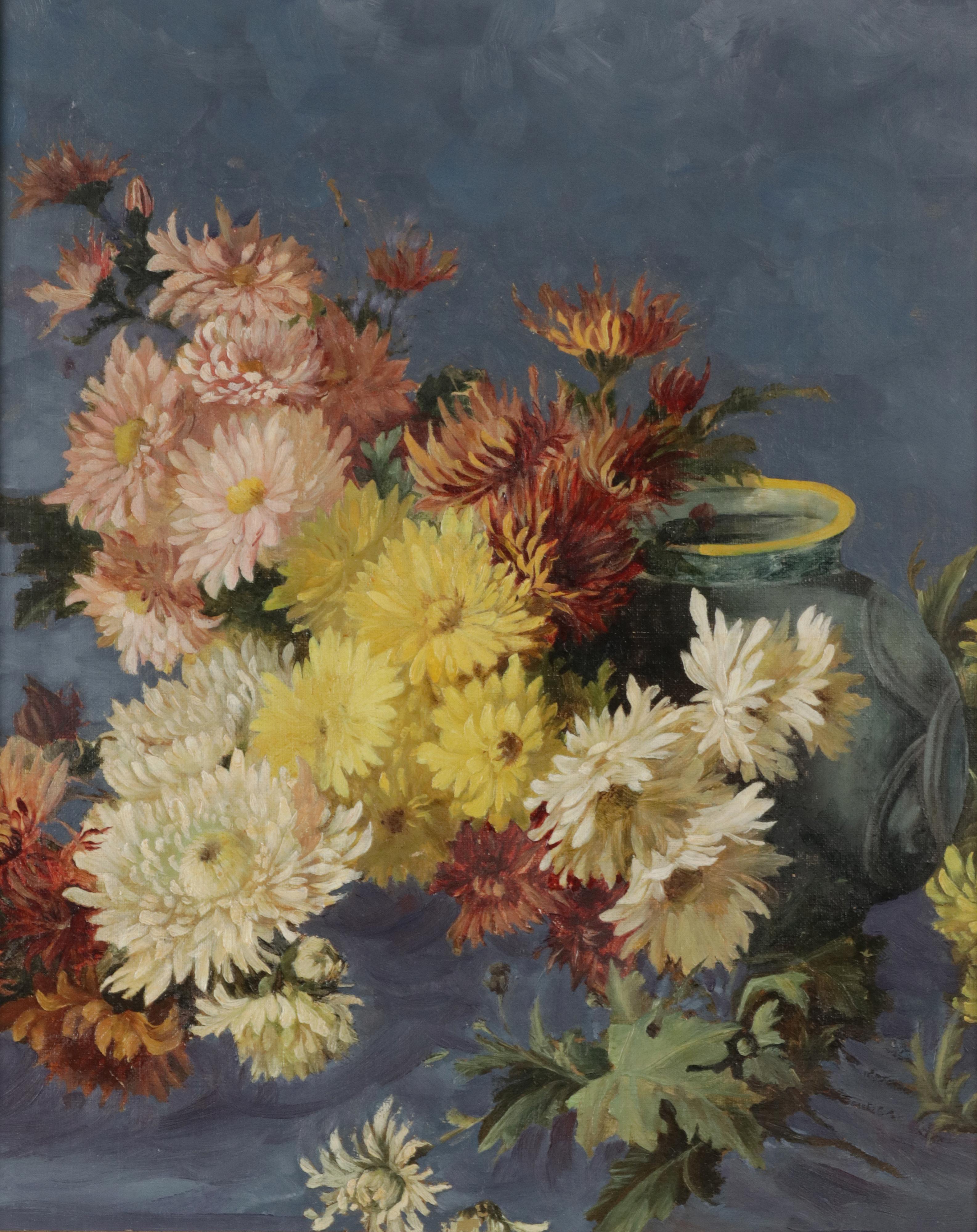 A flower still life, painted with oil on hardboard. The painting has no signature, artist unknown. Beautiful composition of the flowers with a ceramic flowerpot in the back. The painting has an antique frame, circa 18980-1900. The painting itself is