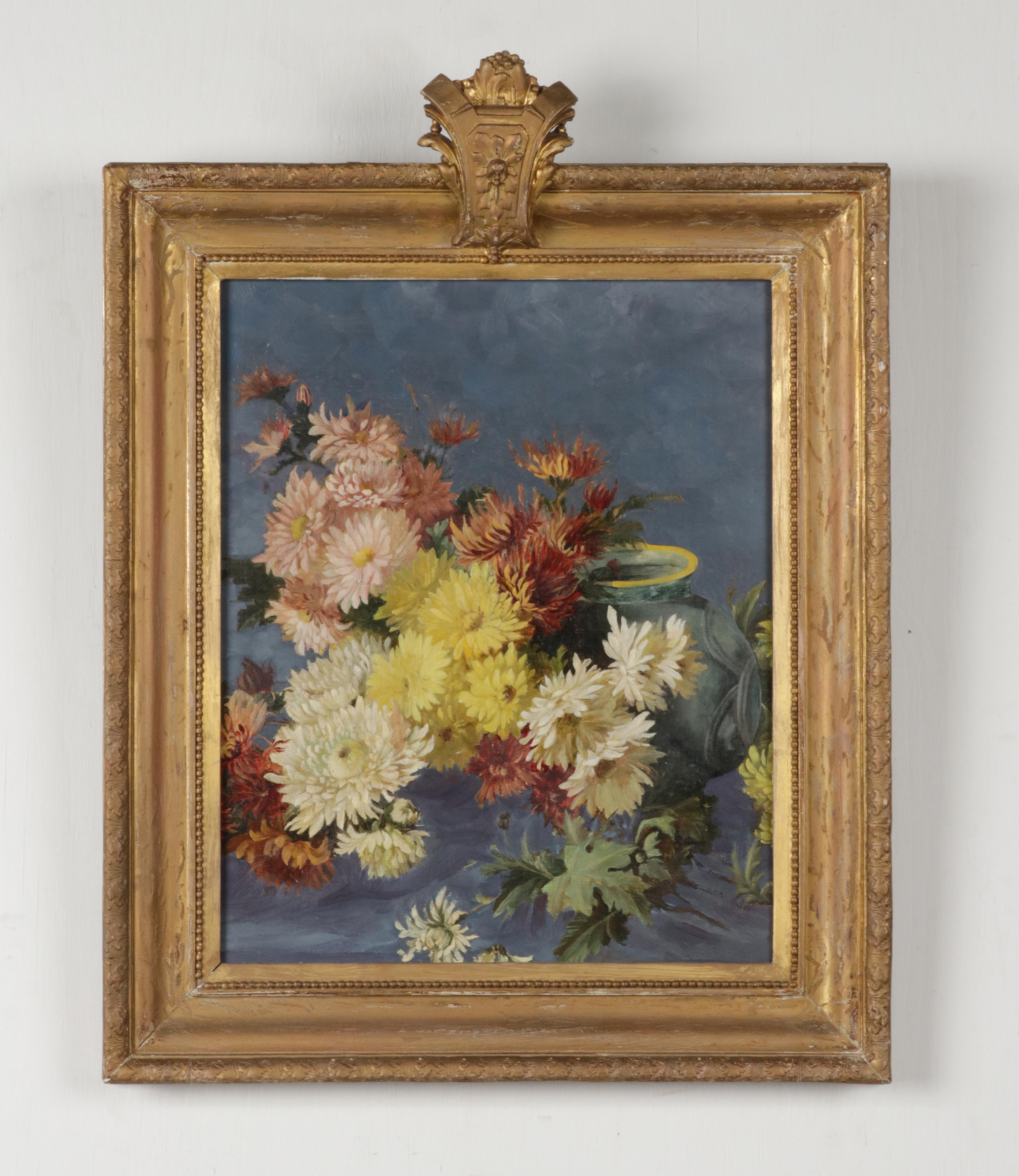 Romantic Mid Century Flower Still Life Oil Painting with Antique Frame For Sale