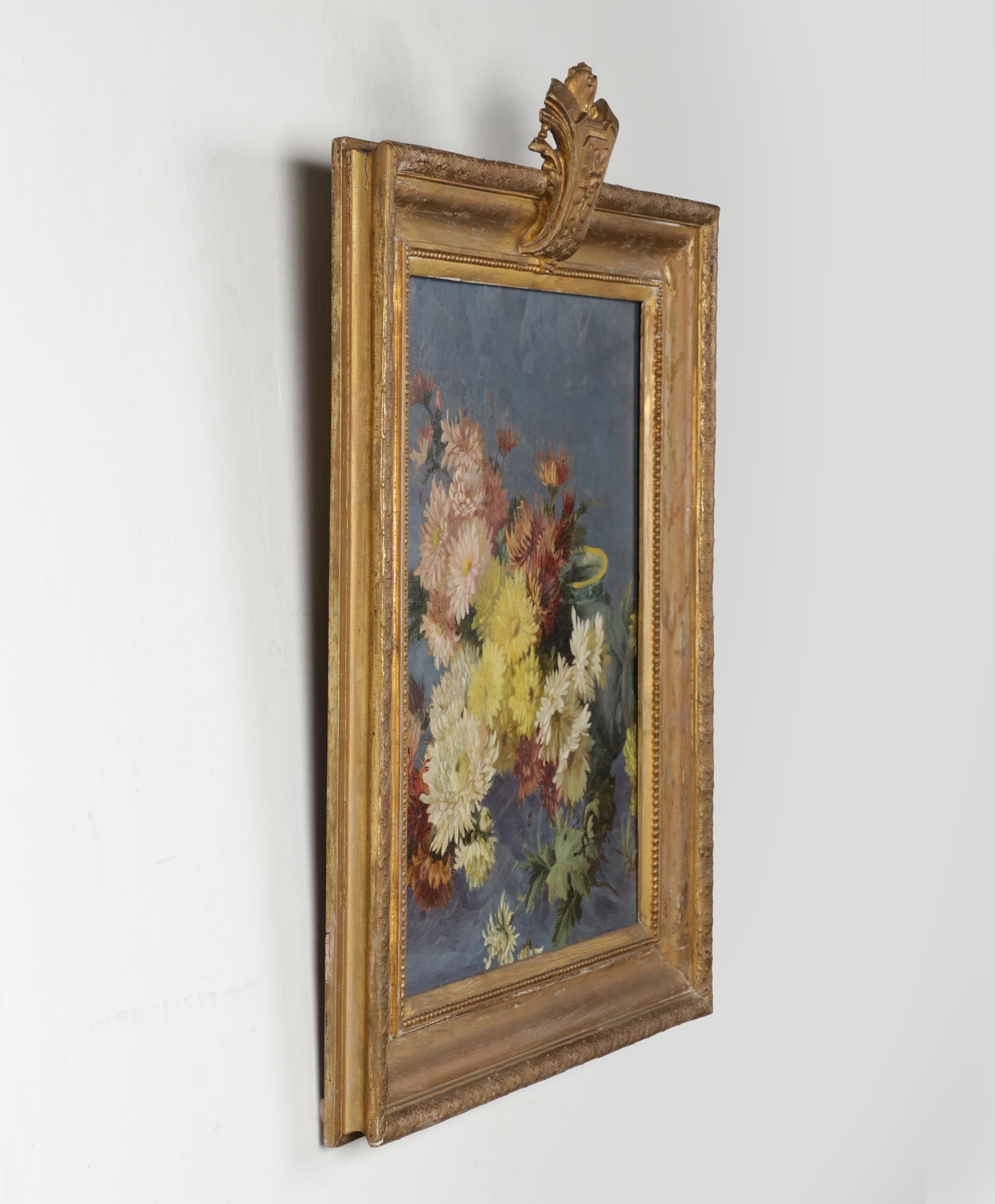Mid-20th Century Mid Century Flower Still Life Oil Painting with Antique Frame For Sale