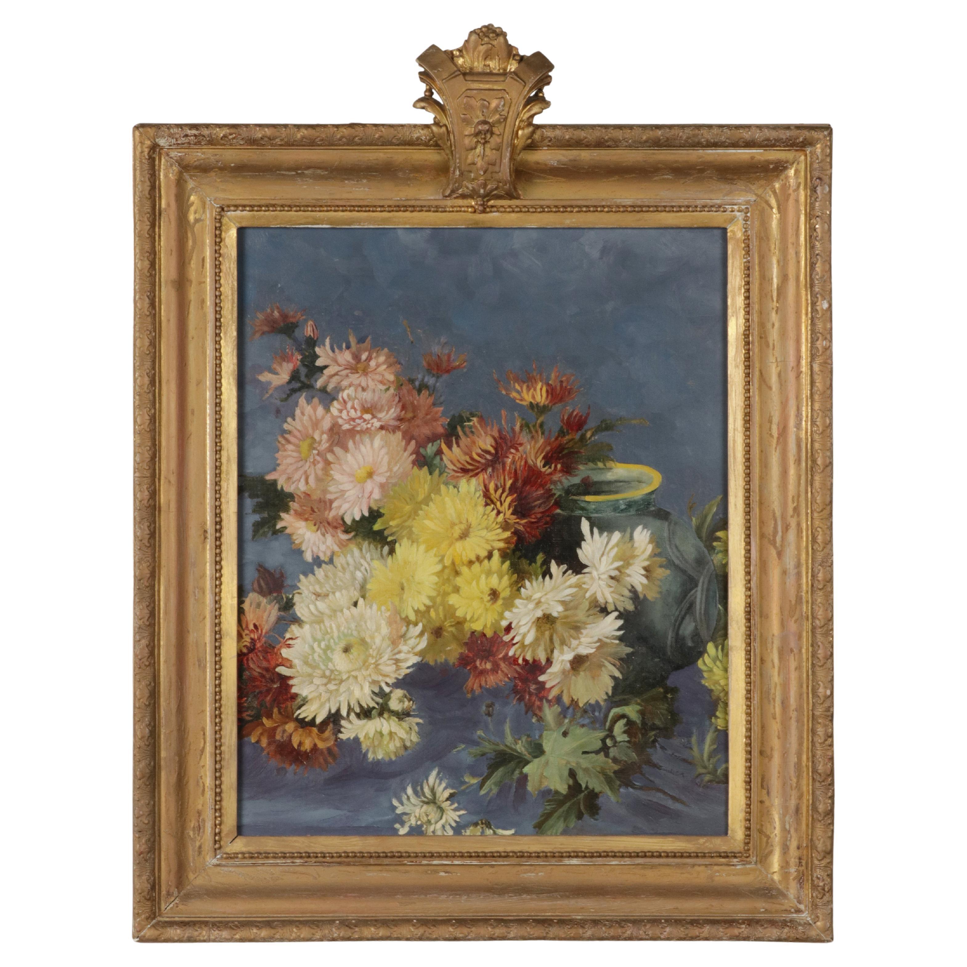 Mid Century Flower Still Life Oil Painting with Antique Frame For Sale