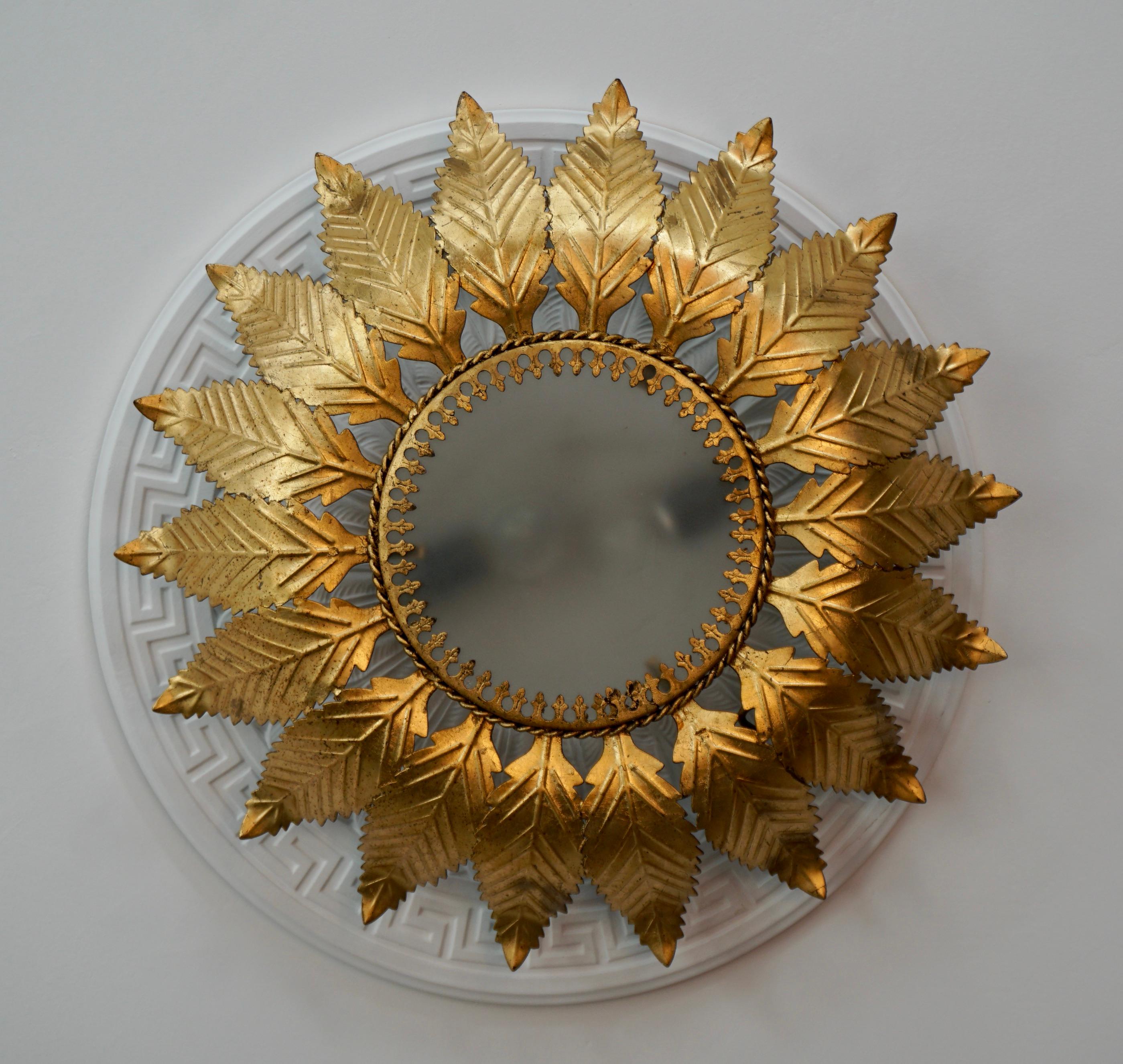Very beautiful and large sun wall lamp or Flush mount with gold-plated metal structure and opaline glass. A unique object that will illuminate your home perfectly and add a real designer touch to your interior.

Diameter 19.6