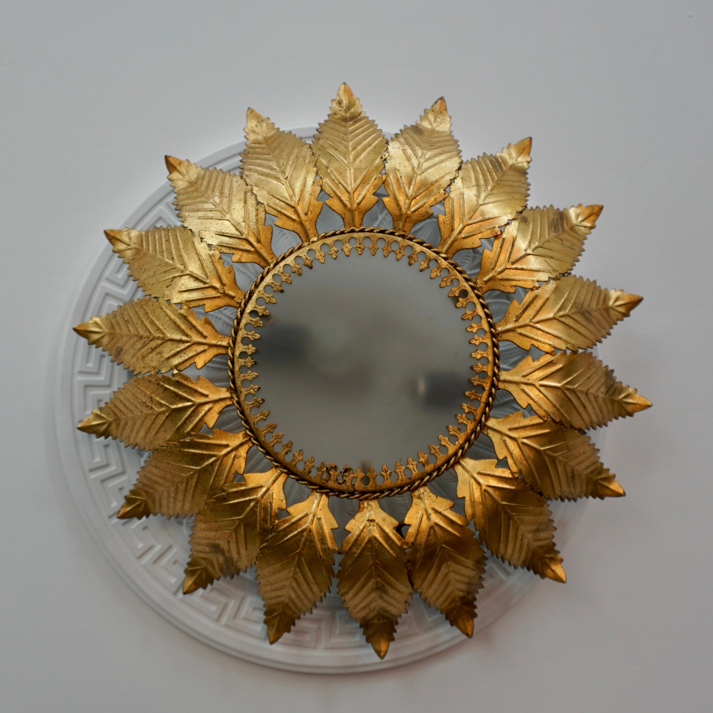 Metal Mid Century Flush Mount Sun Covered with Gilt Leaf For Sale