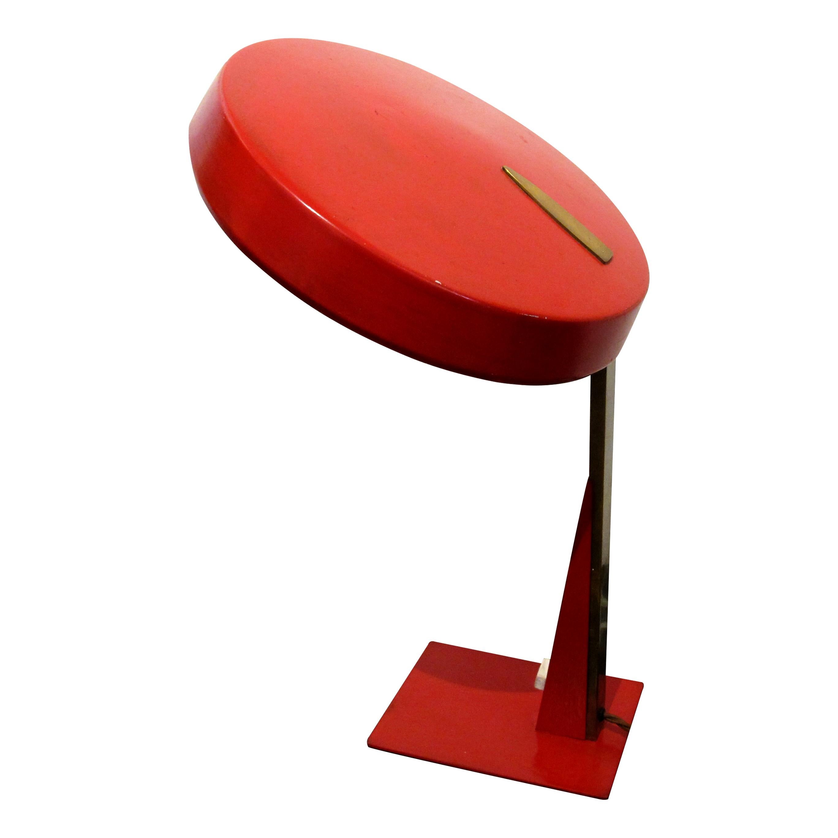 Painted Mid-Century Flying Saucer Adjustable Red Desk Lamp, Italian  For Sale