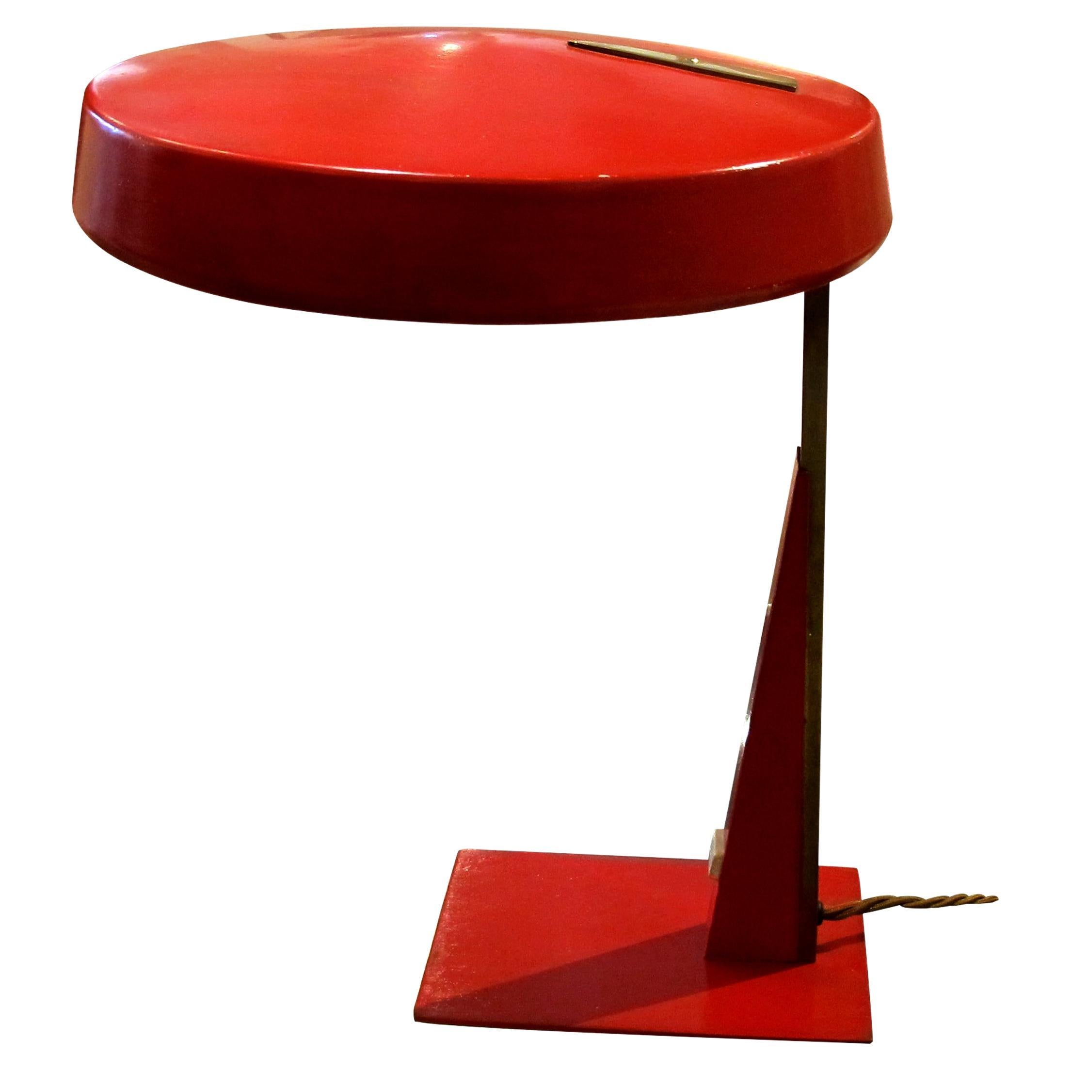 Verstellbare rote Mid-Century-Schreibtischlampe mit fliegender Untertasse, Italienisch  im Angebot
