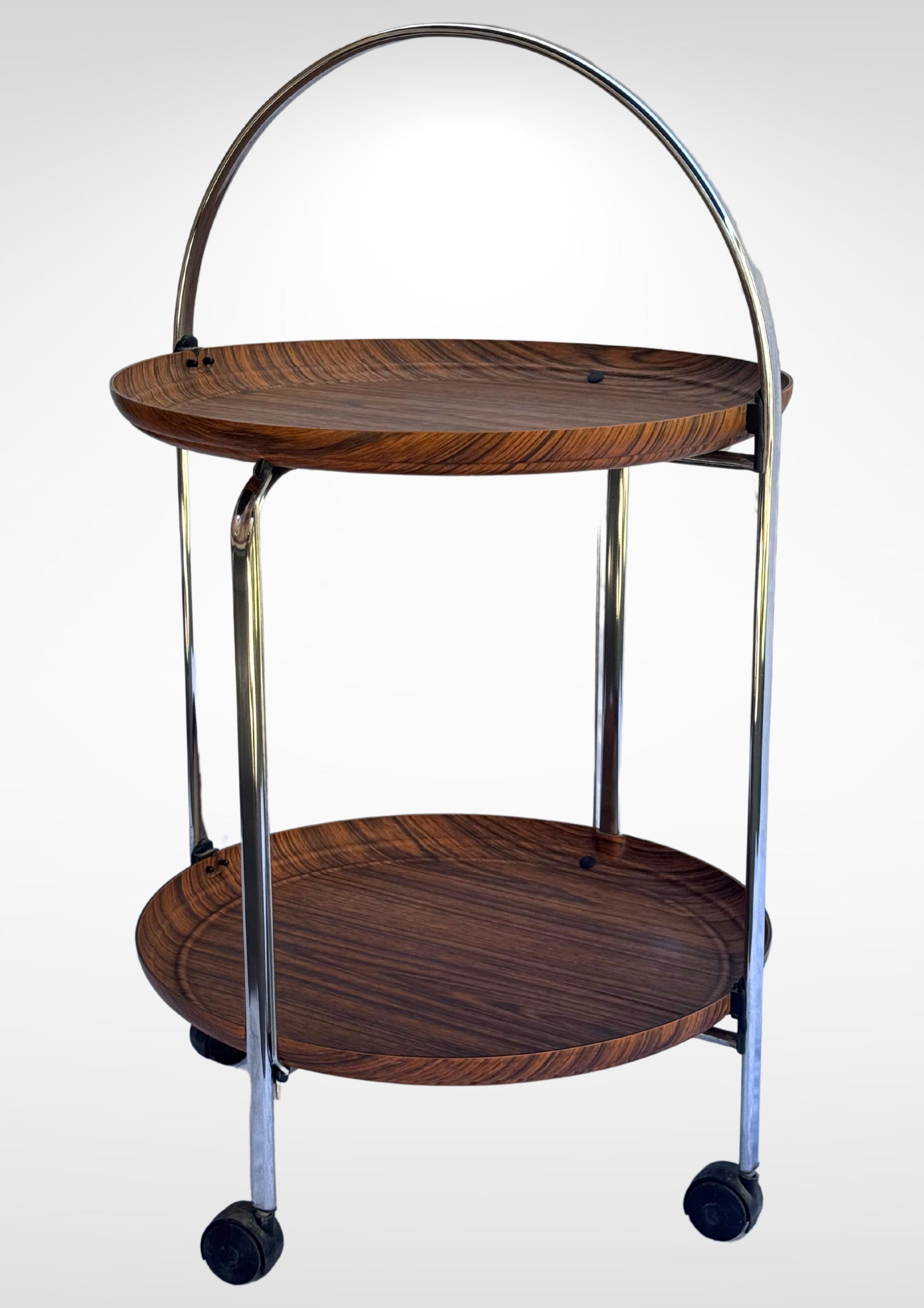 Mid-Century Modern Mid-Century Foldable Bar Cart Tea Trolley In Chrome & Formica For Sale
