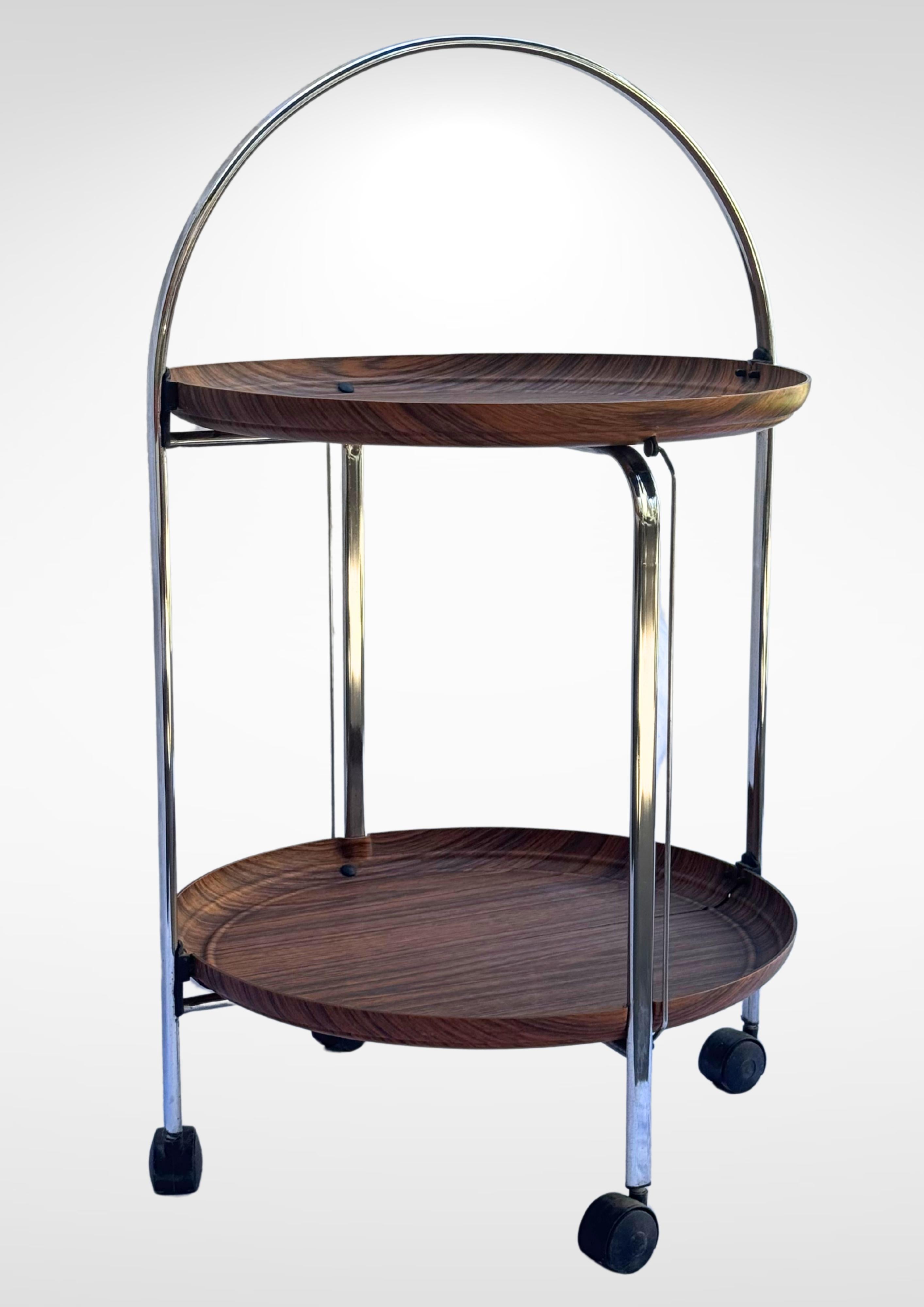 Swedish Mid-Century Foldable Bar Cart Tea Trolley In Chrome & Formica For Sale