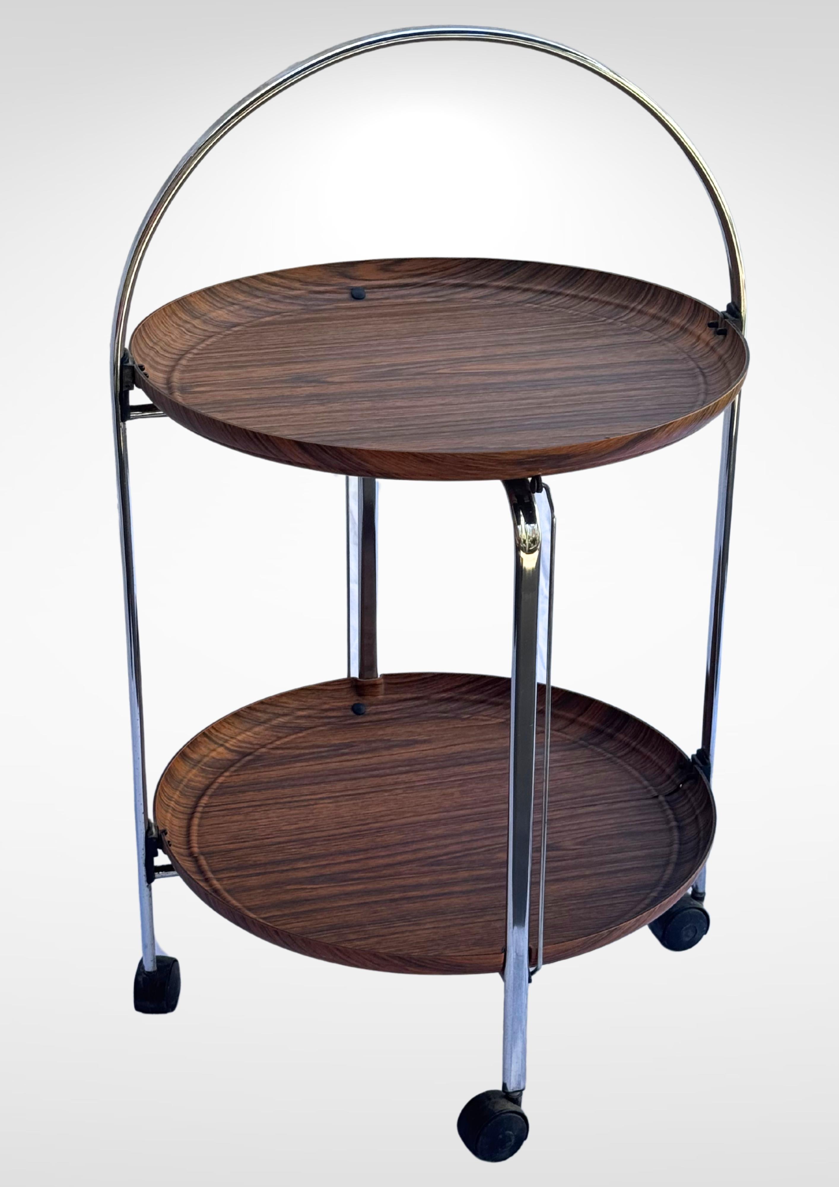 Other Mid-Century Foldable Bar Cart Tea Trolley In Chrome & Formica For Sale