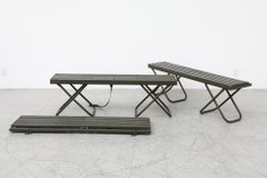 Mid-Century Green Folding Dutch Army Benches with Wood Slats and Metal Legs