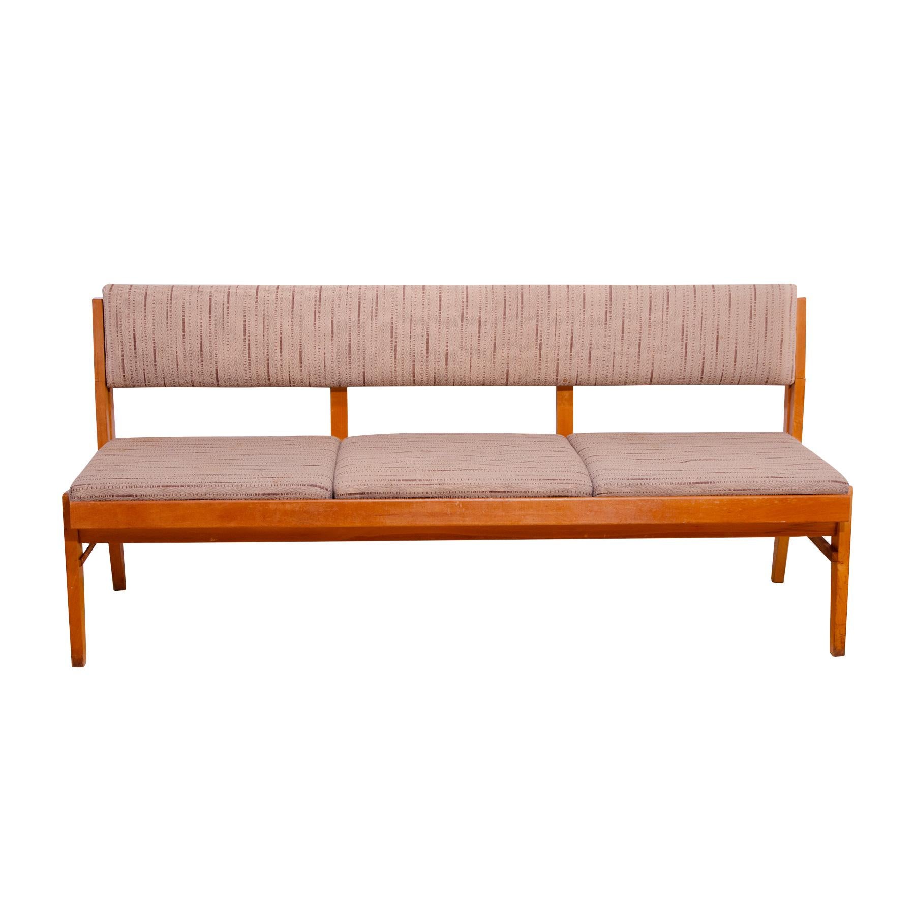 Very interesting mid century upholstered sofa/bench, made in the former Czechoslovakia in the 1960´s. Material: beech wood, fabric. The sofa is in very good Vintage condition.

Height: 84 cm

Lenght: 187 cm

Depth: 59 cm