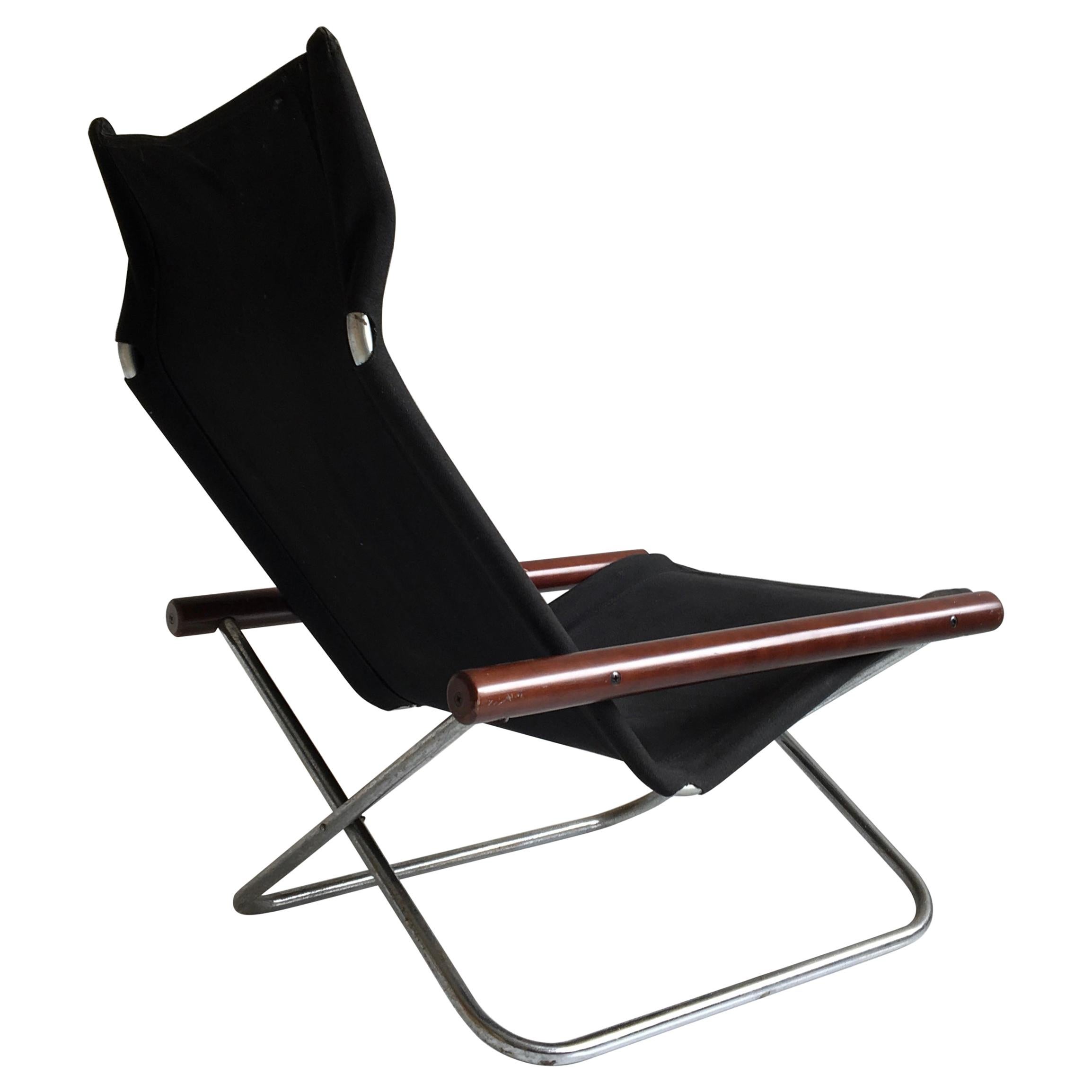 Midcentury Folding Black Canvas 'NY' Chair by Takeshi Nii, Japan, Designed, 1958 For Sale