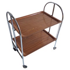 Mid-Century Folding Dinette German Trolley Chrome and Plywood Bar Cart 60s