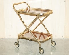 Midcentury Folding Hardwood Brass 1950s Drinks Trolley with Removable Trays