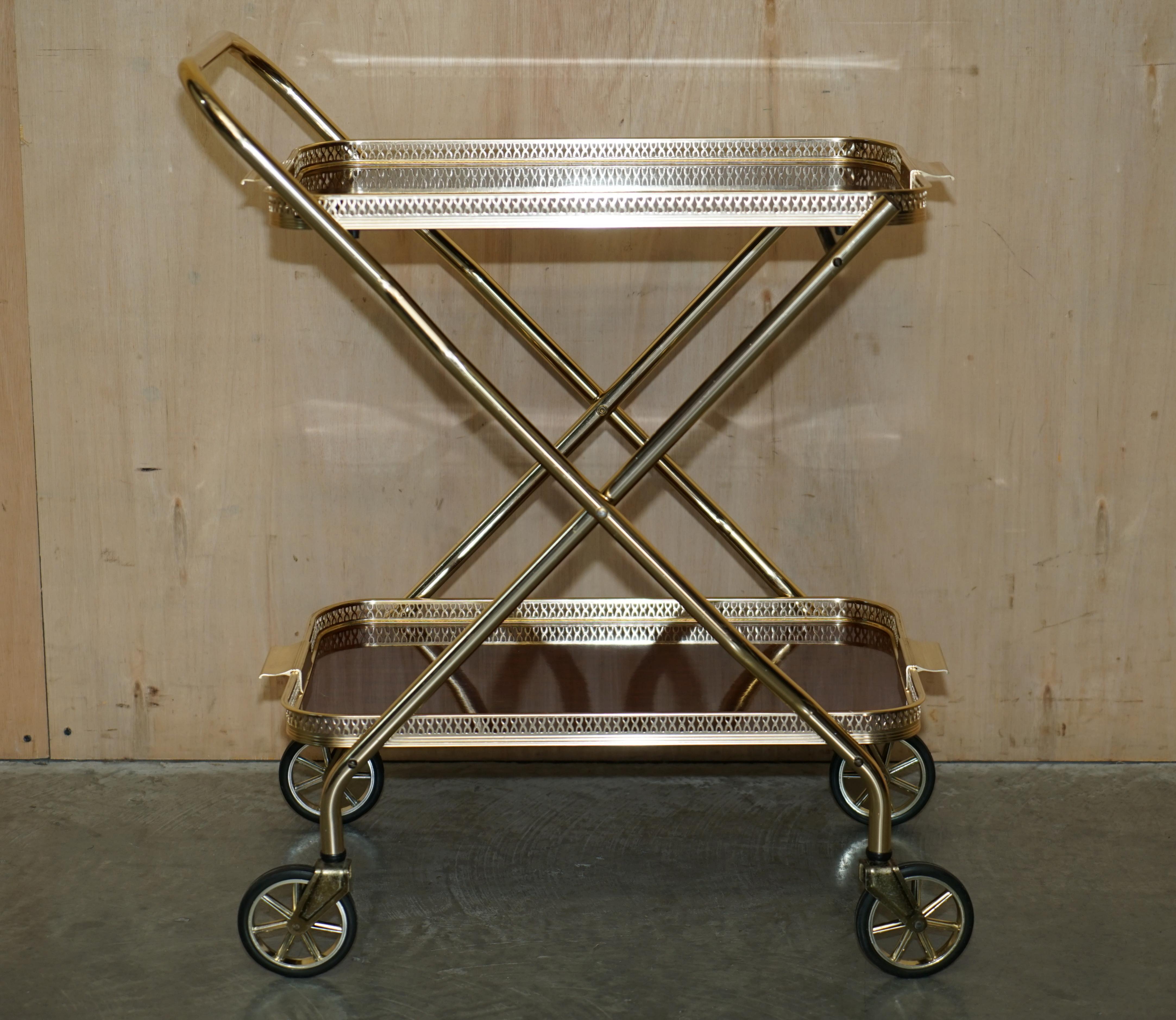 Mid-Century Modern Midcentury Folding Hardwood Brass 1950s Drinks Trolley with Removable Trays For Sale