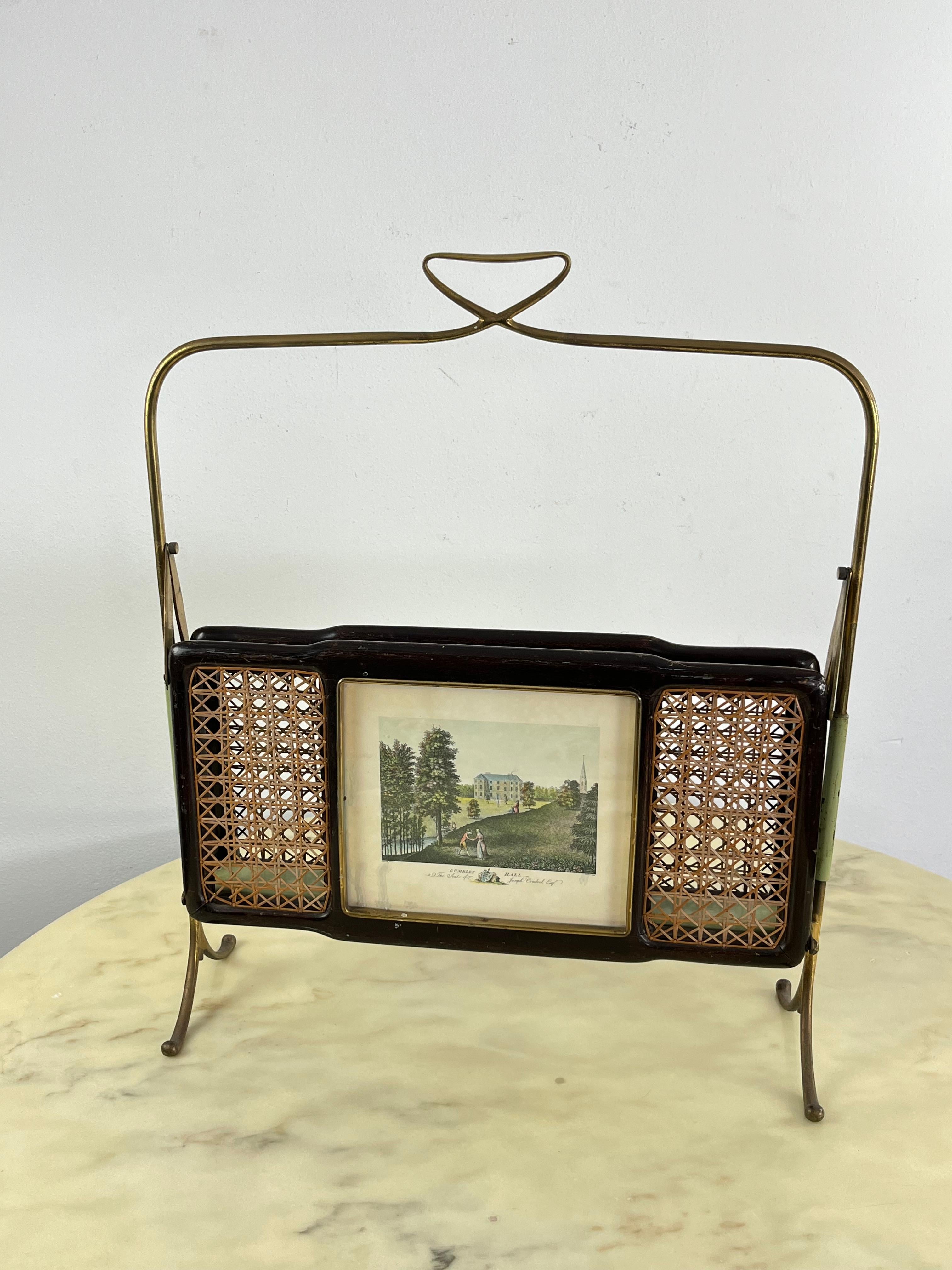 Mid-Century Folding Magazine Rack in Brass, Wood and Vienna Straw, 1940s
Good condition, small signs of aging.