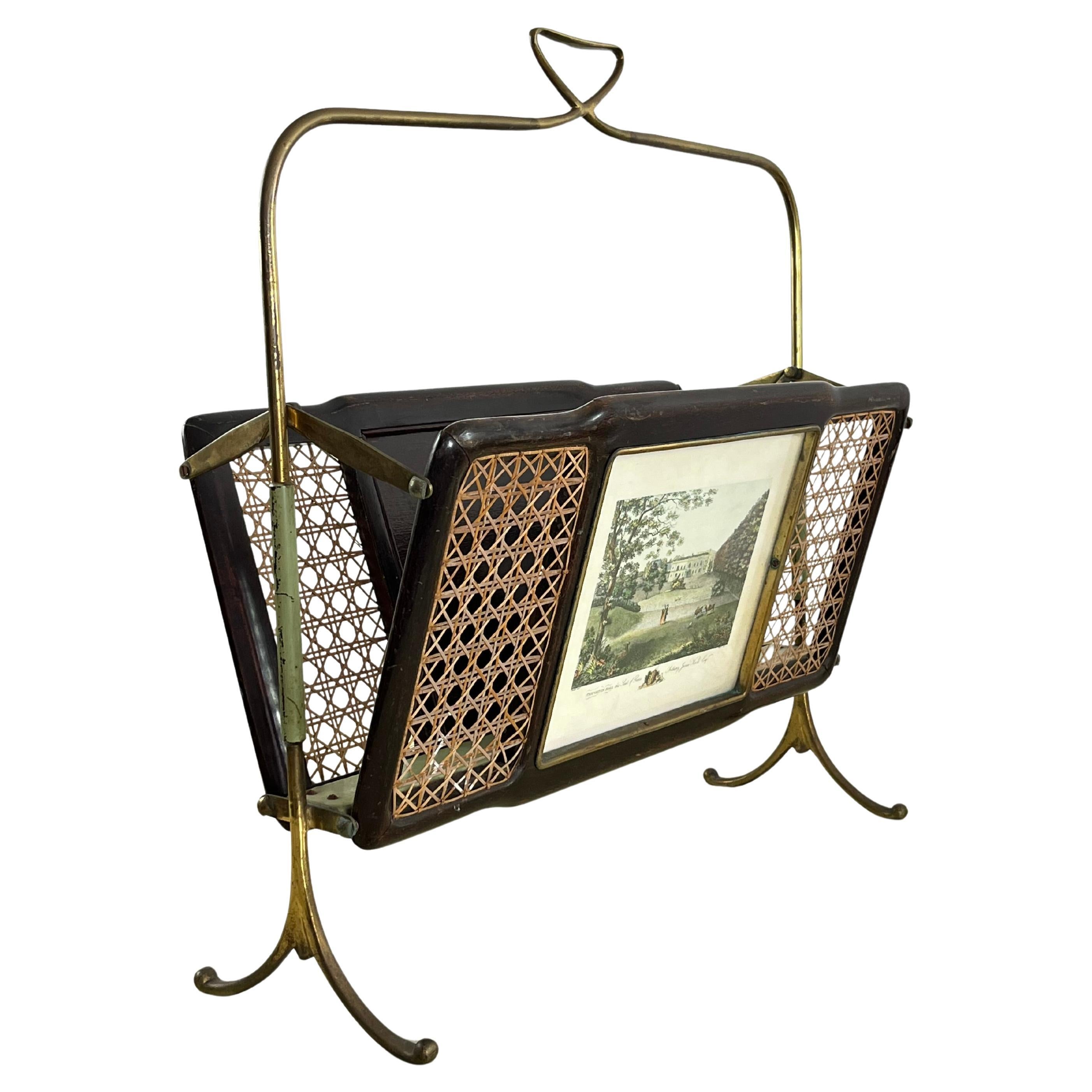 Mid-Century Folding Magazine Rack in Brass, Wood and Vienna Straw, 1940s For Sale