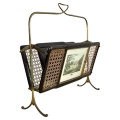 Mid-Century Folding Magazine Rack in Brass, Wood and Vienna Straw, 1940s