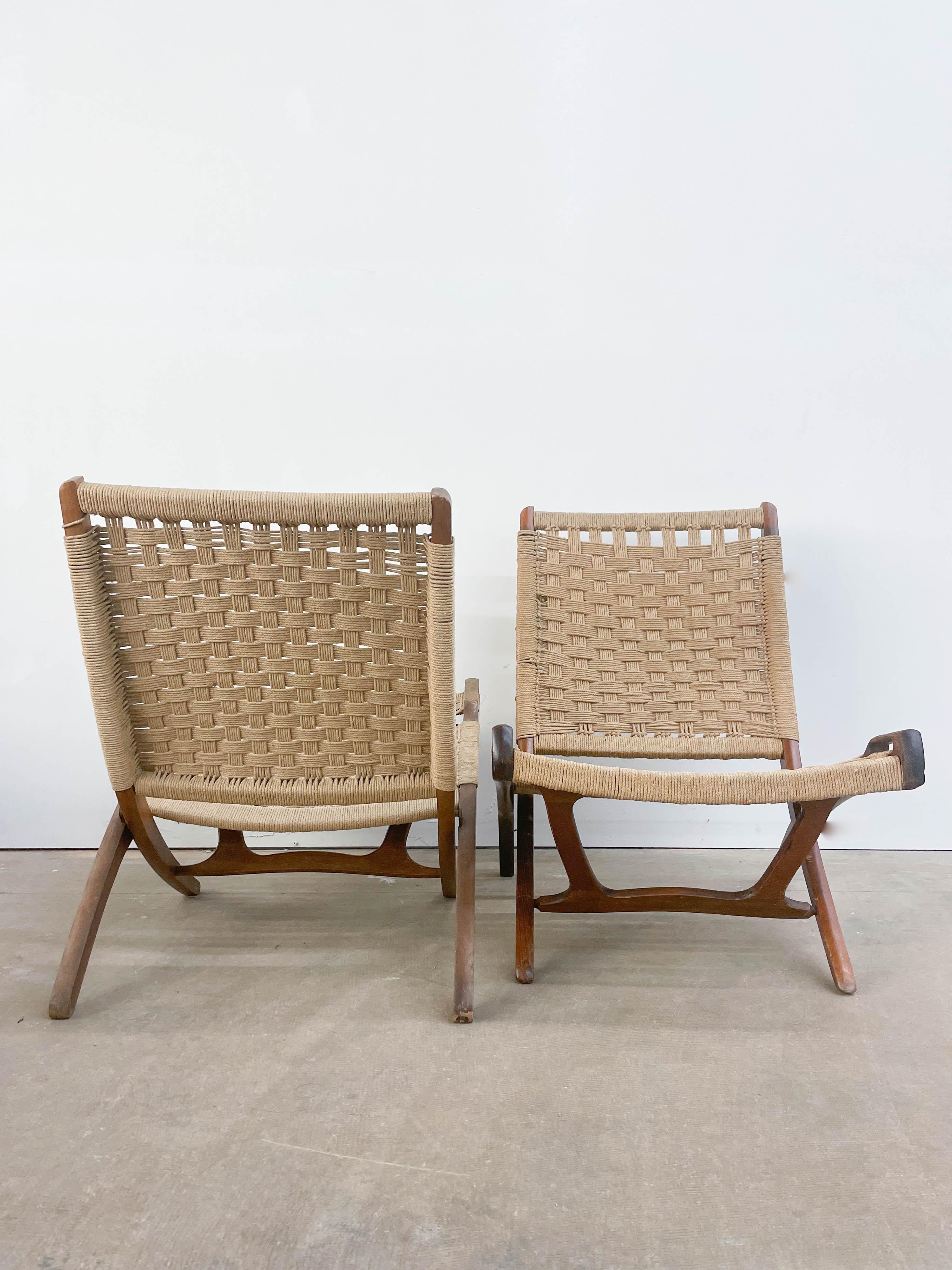 Beech Mid Century Folding Rope Chairs in the Style of Hans Wegner For Sale