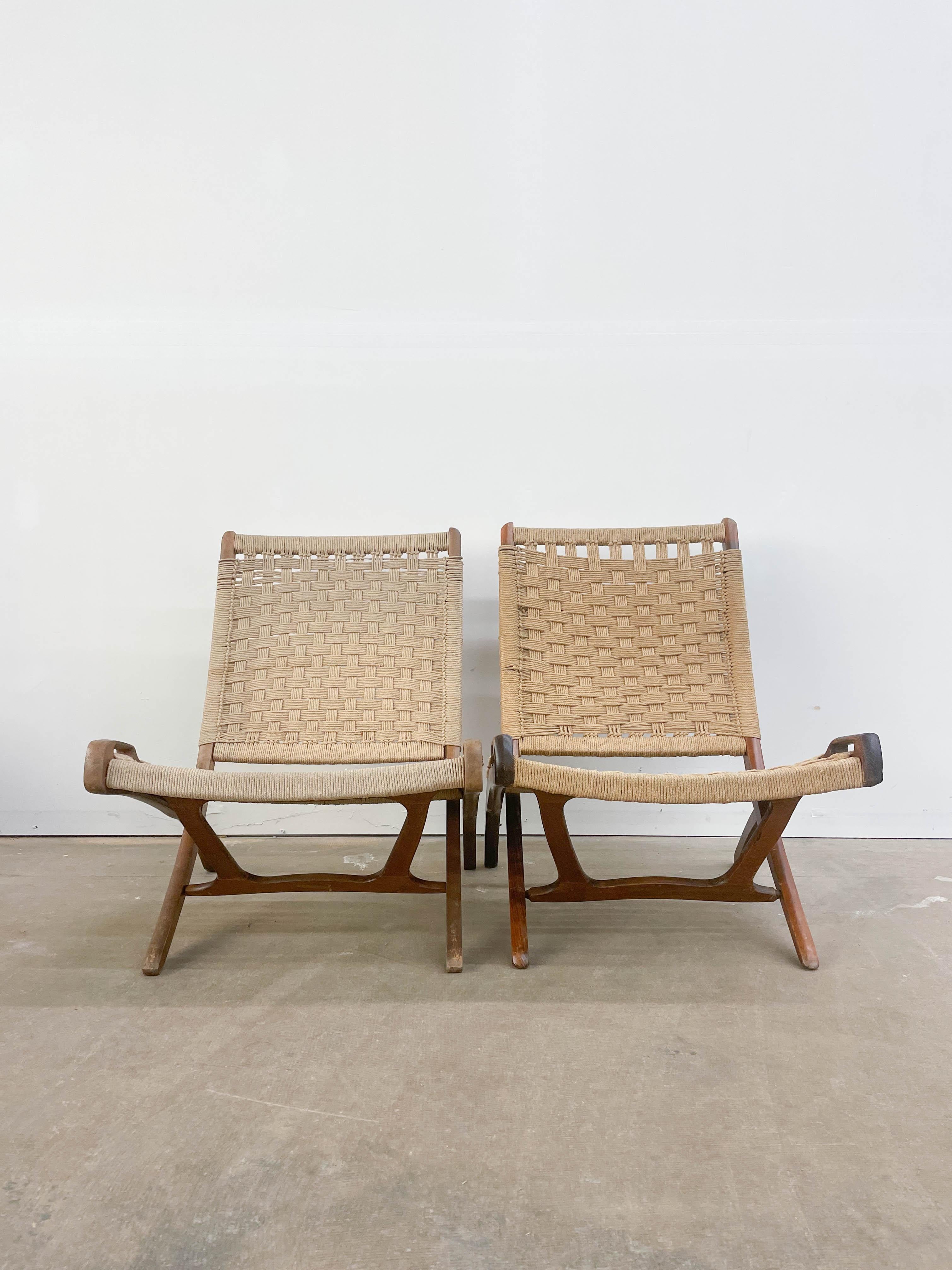 Macedonian Mid Century Folding Rope Chairs in the Style of Hans Wegner For Sale