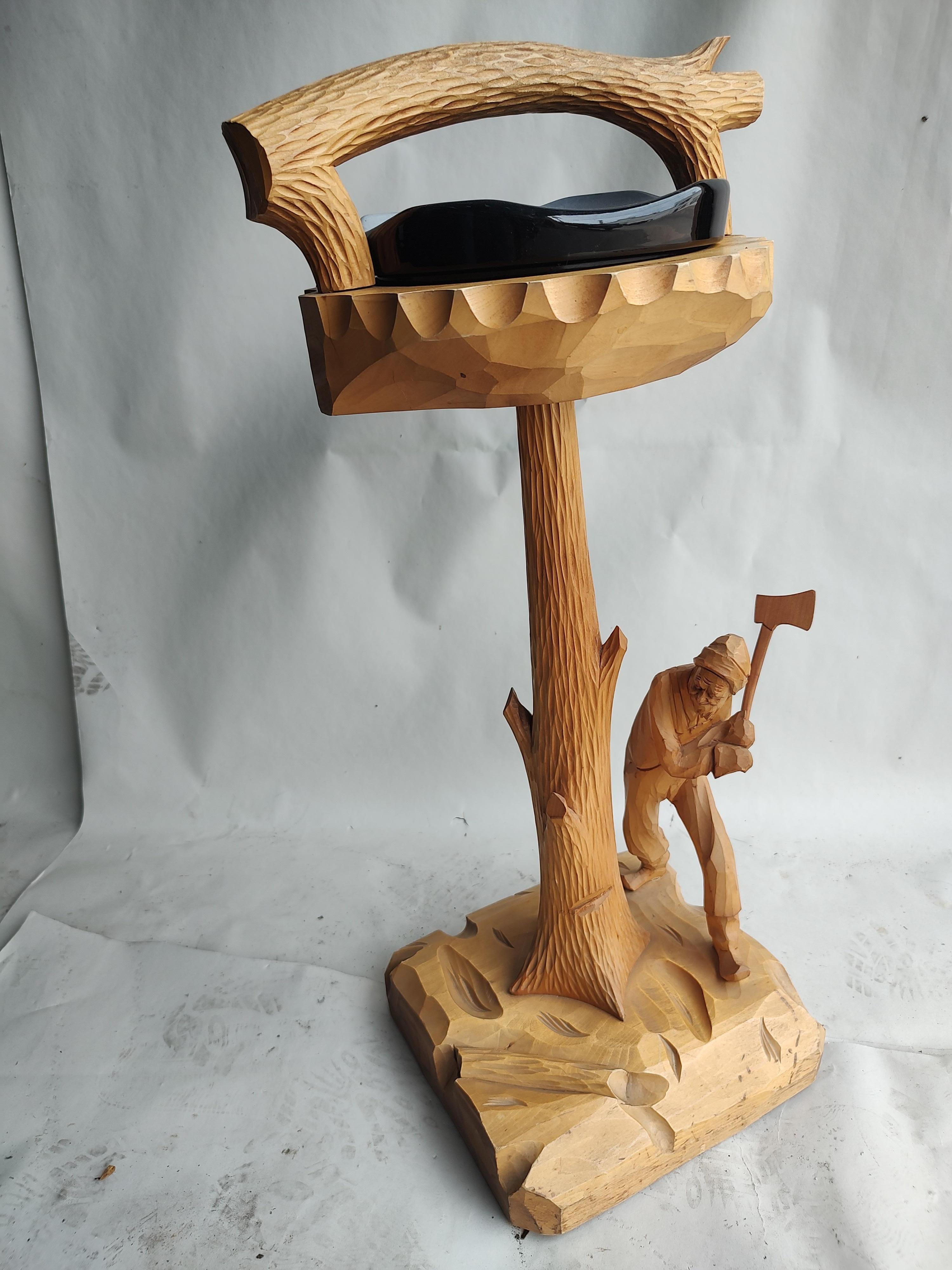 Midcentury Folk Art Ashstand with Figure Hand Carved by Paul Emile Caron C1969 For Sale 9
