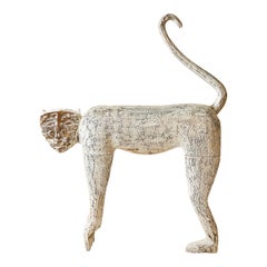 Mid-Century Folk Art Hand-Carved Whitewashed Wooden Monkey Sculpture