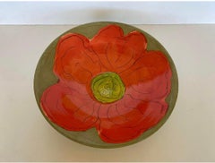 Mid Century Folk Art Hand Painted Flower Design Serving Bowl