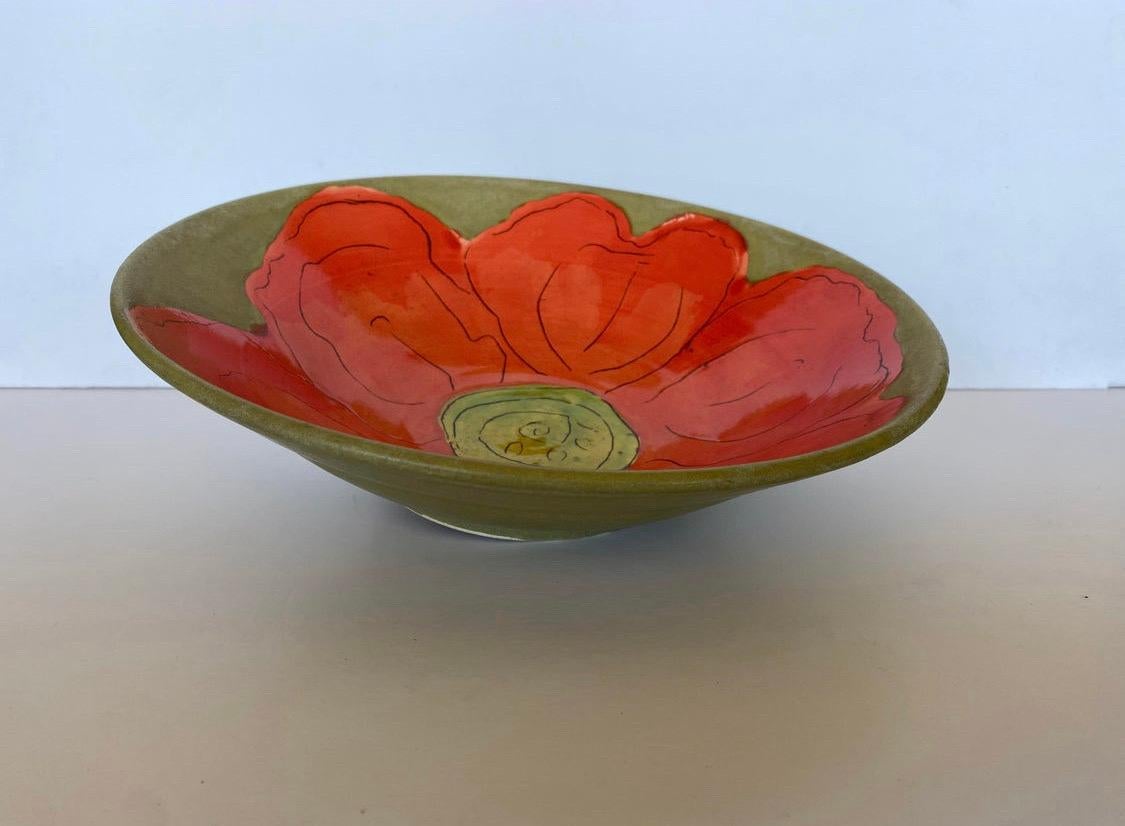 Pottery Mid Century Folk Art Hand Painted Flower Design Serving Bowl For Sale