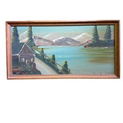 Mid-Century Folk Art Mountain Cabin Landscape Oil Painting in Walnut Frame