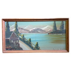 Mid-Century Folk Art Mountain Cabin Landscape Oil Painting in Walnut Frame
