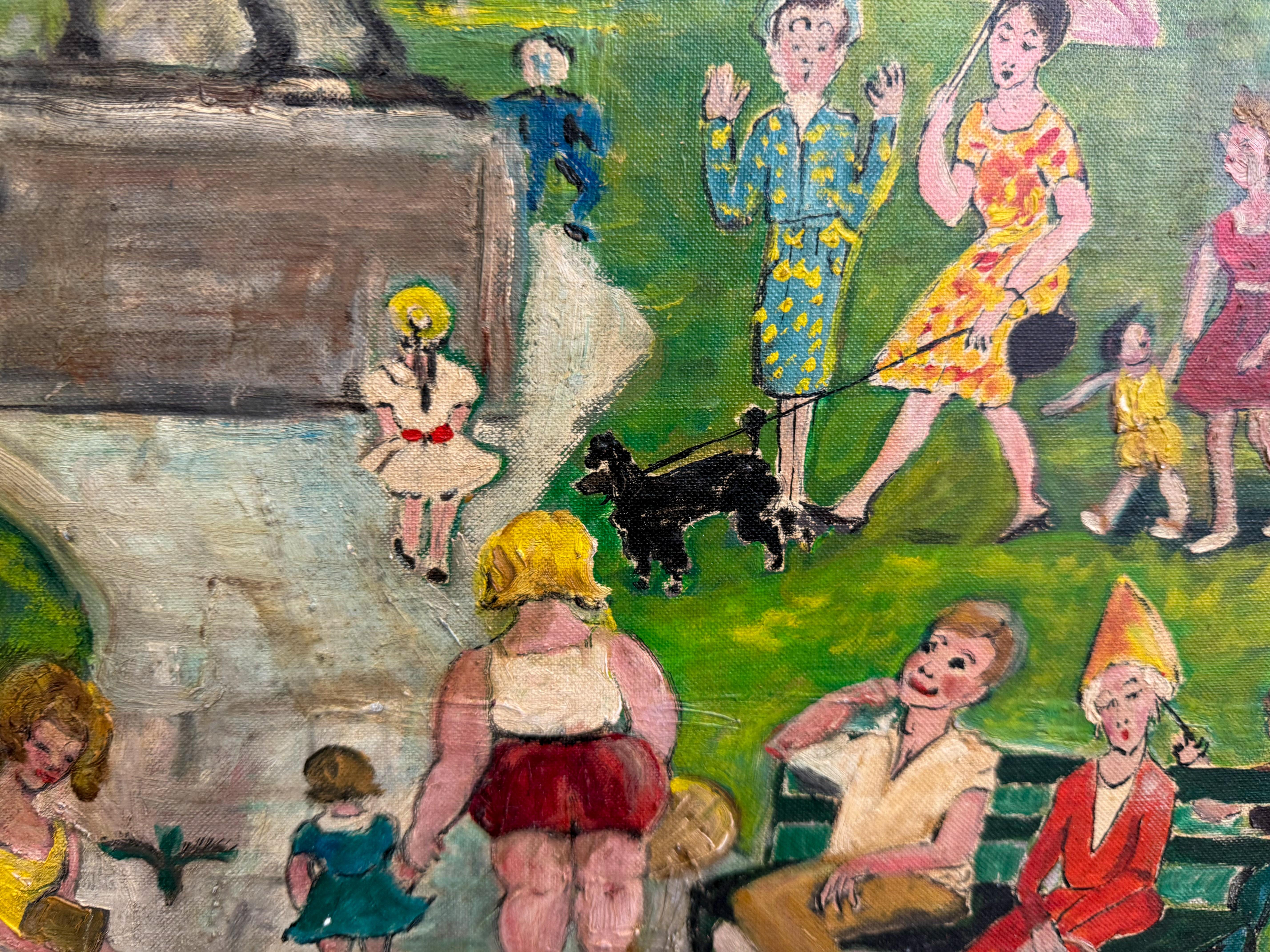 Il s'agit d'une peinture d'art populaire du milieu du siècle signée par Helen Strong. Il s'agit d'une charmante représentation d'une scène de parc. Je n'ai pu trouver aucune information concernant l'artiste. Il se trouve dans un cadre en bois