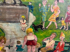 Arte popular de mediados de siglo Óleo sobre lienzo firmado y enmarcado por Helen Strong - Escena de parque