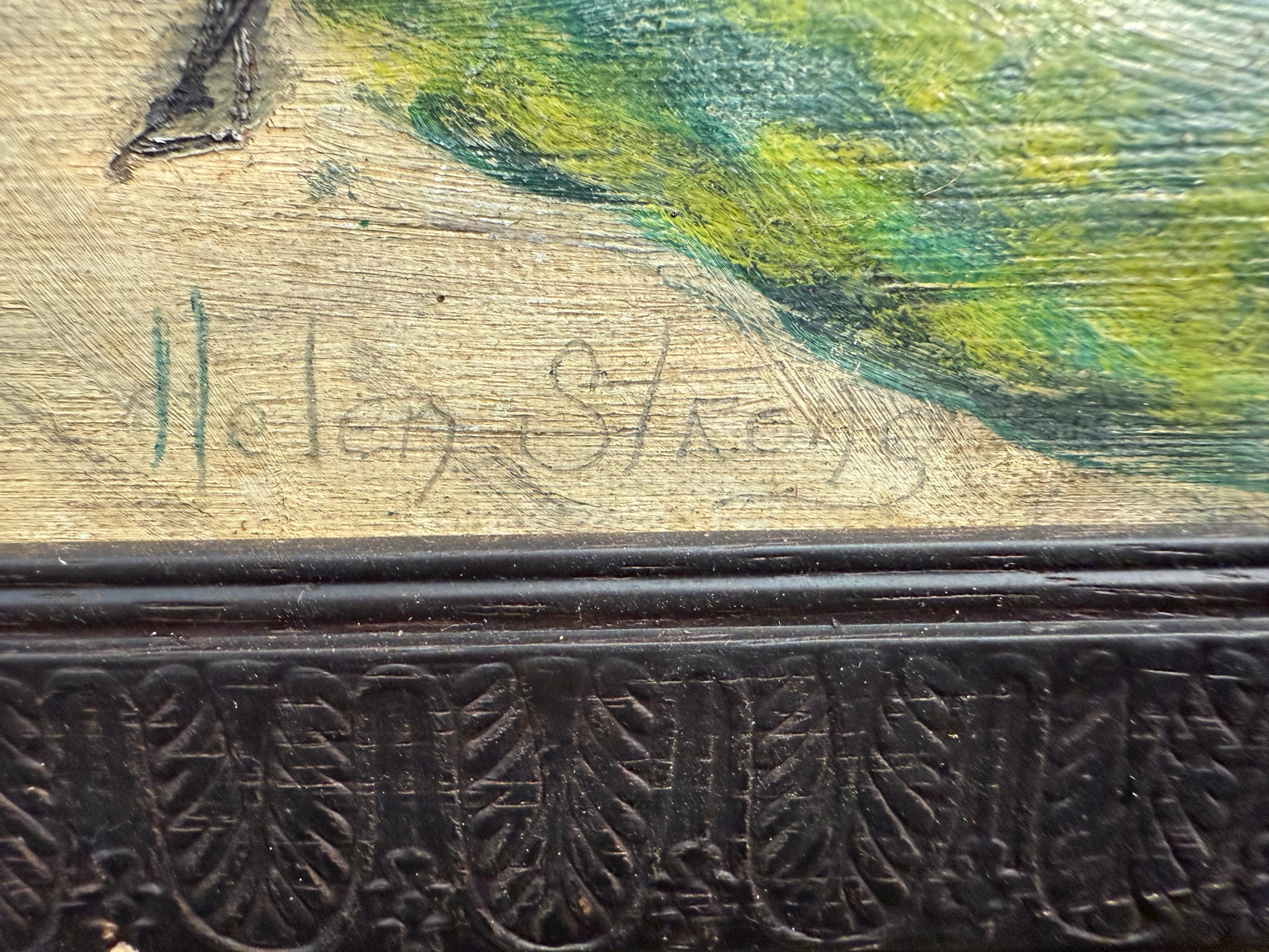 Artisanat Art populaire du milieu du siècle Huile sur toile encadrée et signée par Helen Strong - Scène de parc en vente